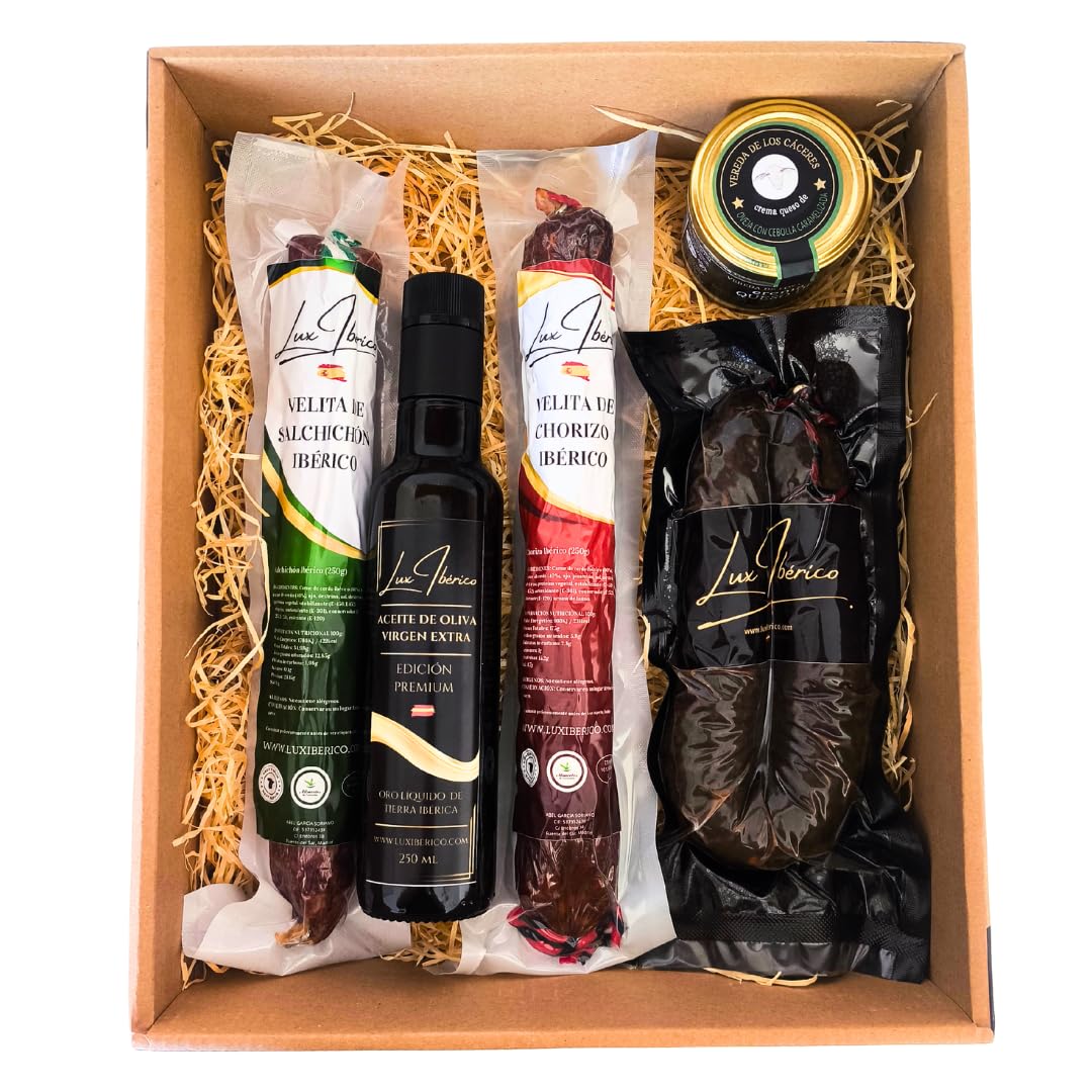 LUX IBÉRICO - Lote "Norbensis" - Embutido, Morcilla Picante y Aceite | Velitas de chorizo y salchichón ibérico, achorizada picante, crema de queso y aceite de oliva virgen extra. Para regalar.