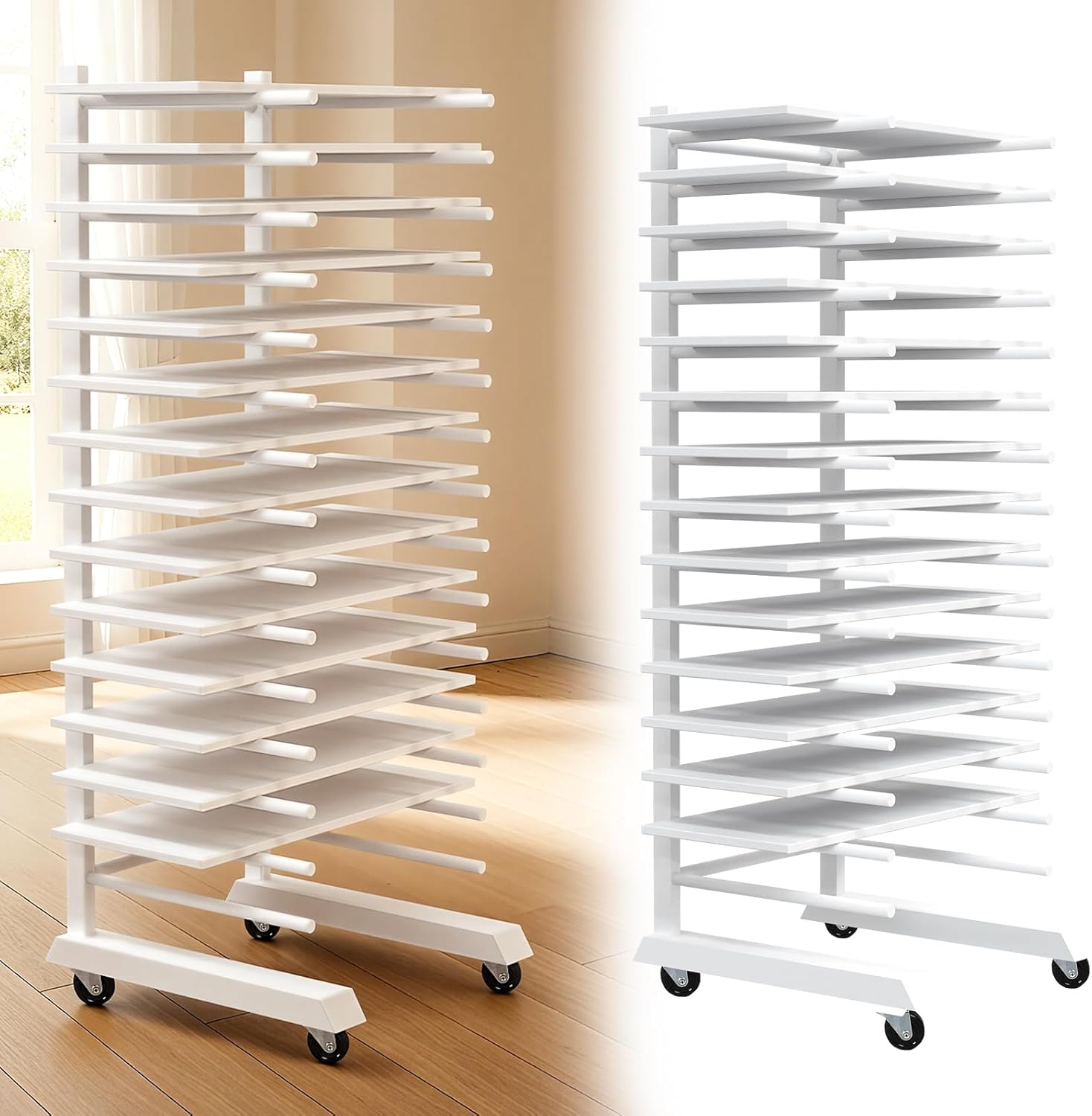 Colingmill 1 Pack 15 Tier Cabinet Doors Paint Drying Rack with Casters 16 in Rods 20 in Base White Powder Coated Iron Detachable Crossbars Space Saving for Painted Wood Panels Doors