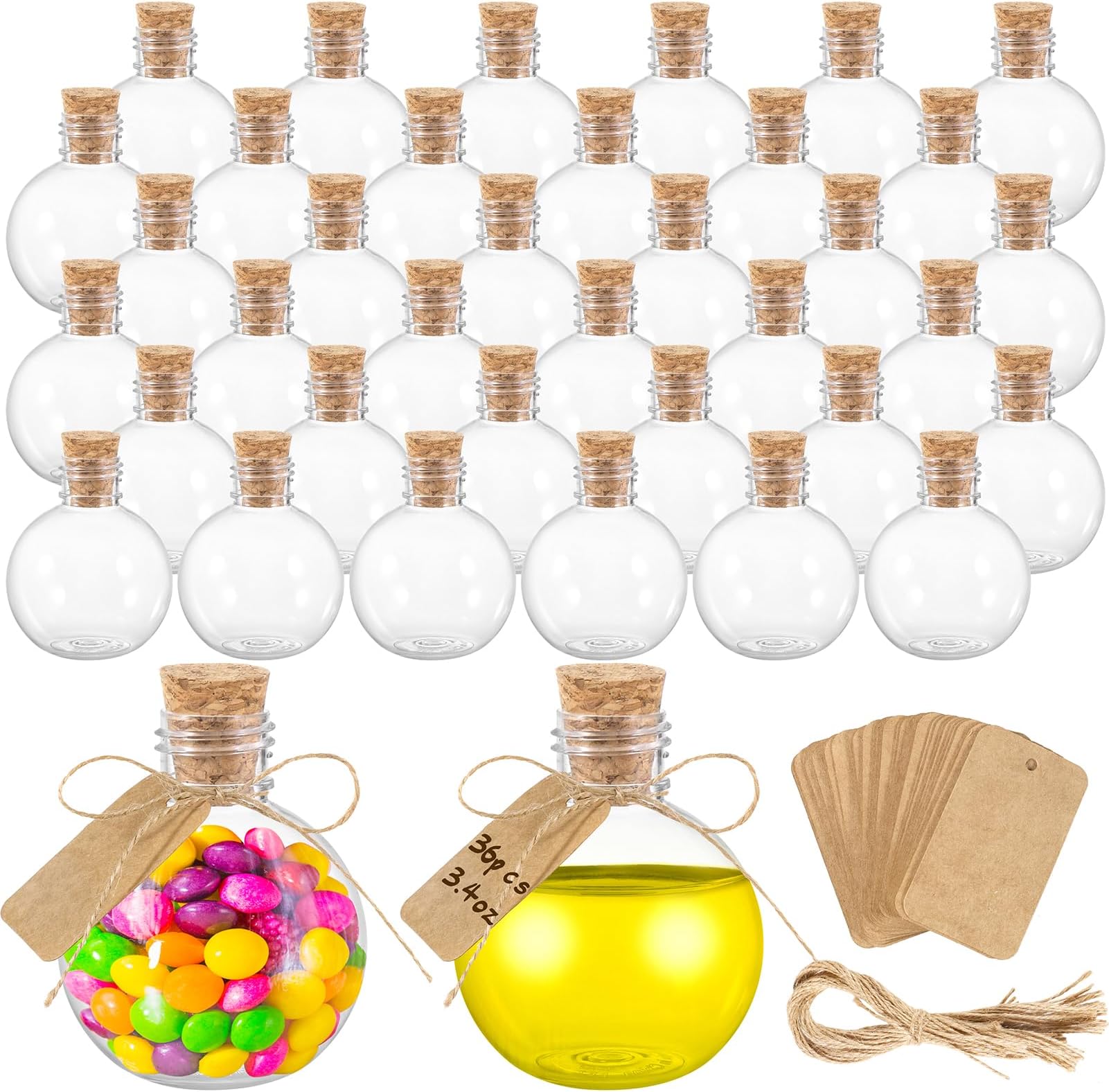 36 Pcs Spherical Plastic Potion Bottles - 3.4 Oz Sand Art Ball Bottle Set with Corks and Tags for DIY Crafts, Wedding Party Favor & Decorative Gifts