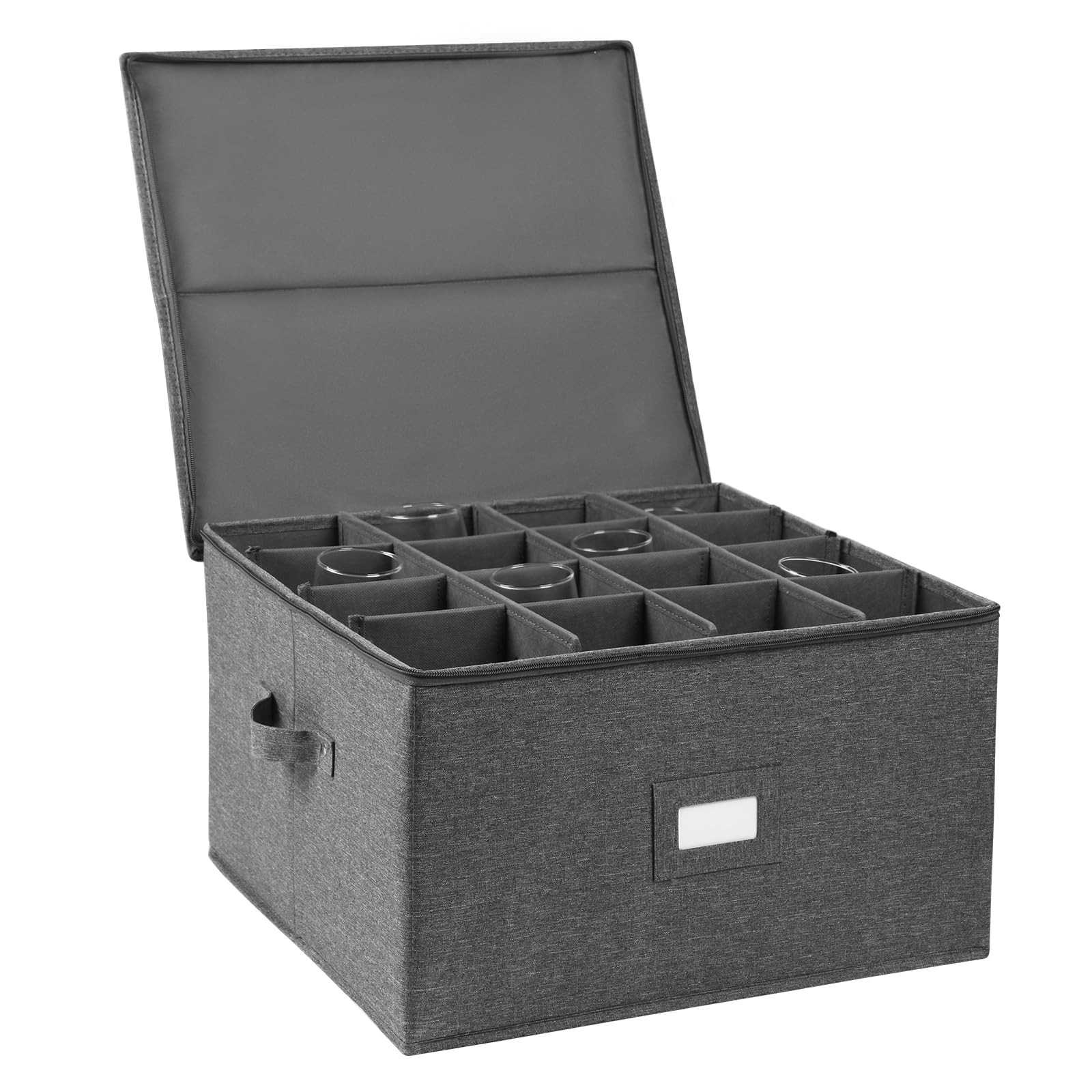 Stemware Storage Cases, Wine Glass Storage Box Containers with Dividers for Glassware or Crystal, Holds 16 Red or White Wine Glasses, Hard Top and Stackable (Grey)