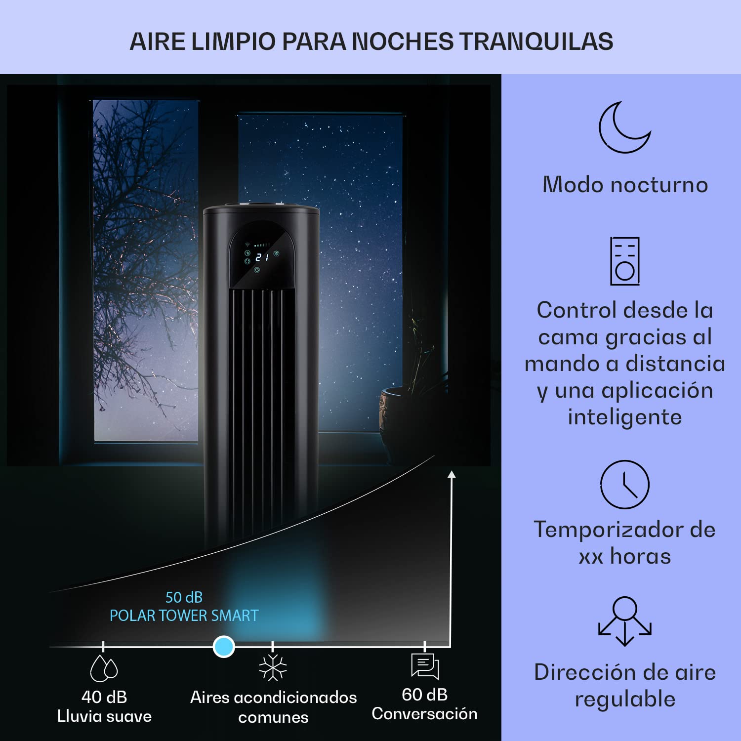 Klarstein Polar Tower Smart Climatizador Evaporativo – 4 en 1: Ventilador, Humidificador & Purificador, Control App & Alexa, Depósito 7L, 3.306 m³/h, Modo Noche, Portátil con Ruedas, Negro