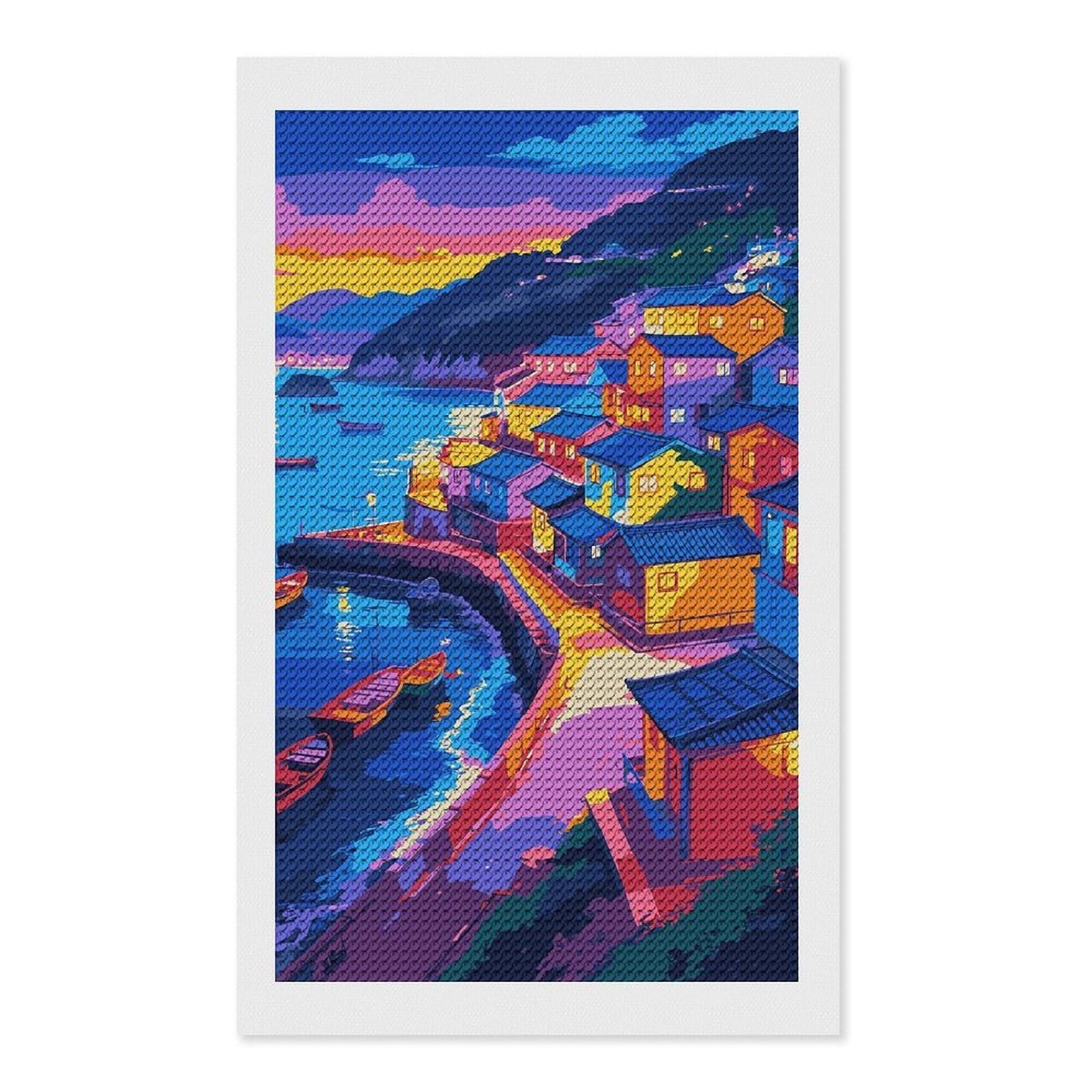 Junmoney Colorful Coastal Village at Sunset Diamond Art Kit 12"x20", Gift Idea, for Family Craft Time, Mindful Craft Activity, Boho Decor, Relaxing DIY Hobby