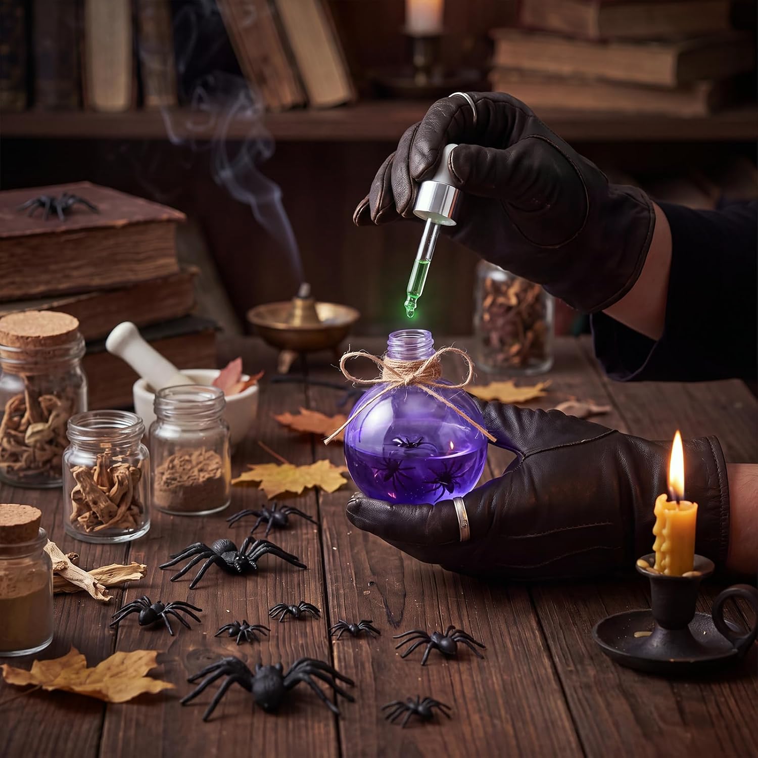 48 Pcs Halloween Potion Bottles Kit, 3.4 oz Ball Plastic Potion Bottles with Corks, 72 Black Spiders in 3 Sizes, Funnels, Jute Rope, Adhesive Stickers DIY Jar for Halloween Party Decorations