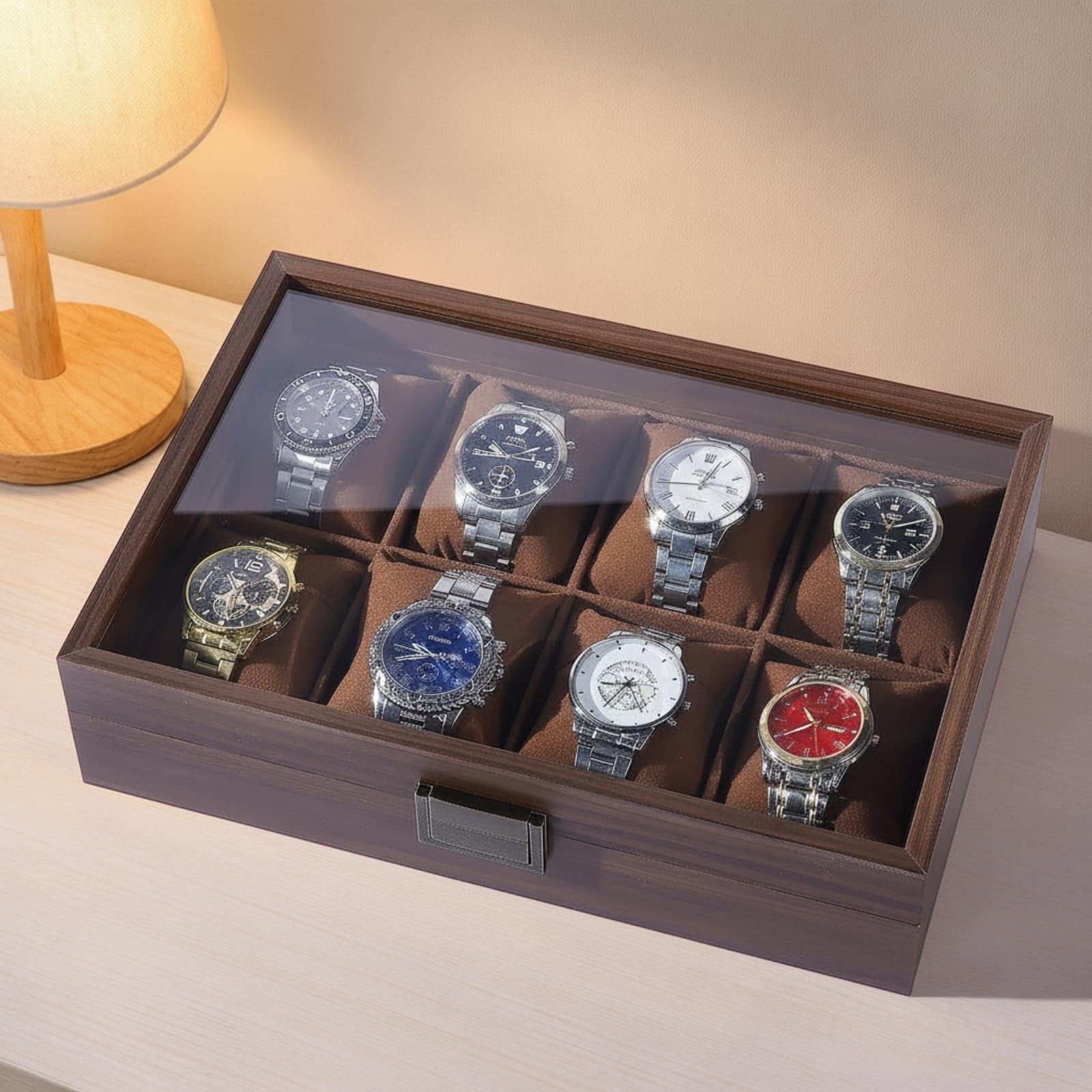Gralara Organizador Relojes con Tapa Clásico Estuche Organizador Relojes con Compartimentos Expositor para Cómoda