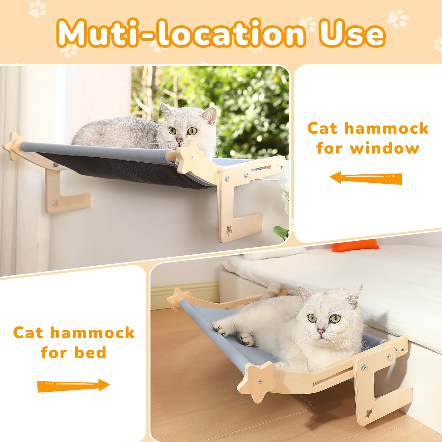 Cat Window Perch for Large Cats, Heavy Duty Hammock Bed No Drill Design, Solid Wood Frame Seat with Metal Hooks, Adjustable Windowsill or Bedside Use, Washable Cushion for Indoor Pets