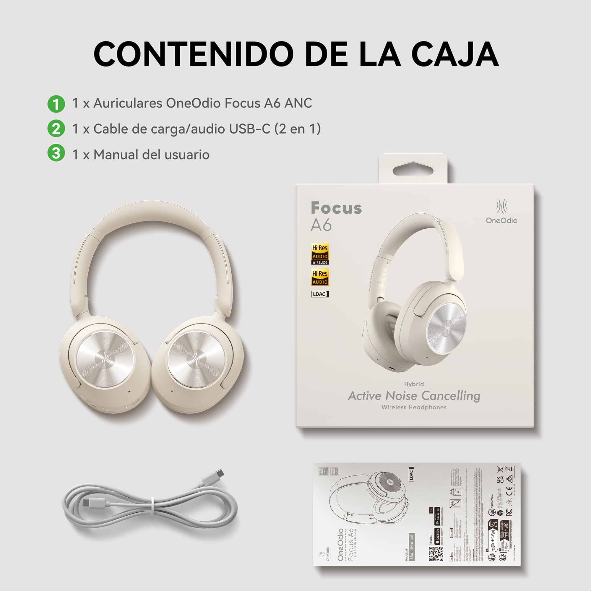 OneOdio Focus A6 Auriculares Híbridos con Cancelación Activa de Ruido, 75H | audio Hi-Res LDAC, bluetooth 6.0, app control, doble micrófono, cascos inalambricos diadema para viajes/oficina