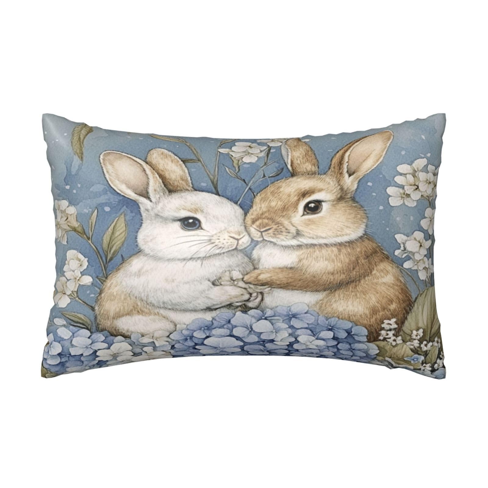 Easter Hydrangea Bunny Satin Pillowcase Blue Vintage Rabbits Silk Pillow Cases for Hair and Skin Slipping Body Pillow Cover with Zipper Queen Size 20x30 Pillowcase Decorative for Kids Bedroom