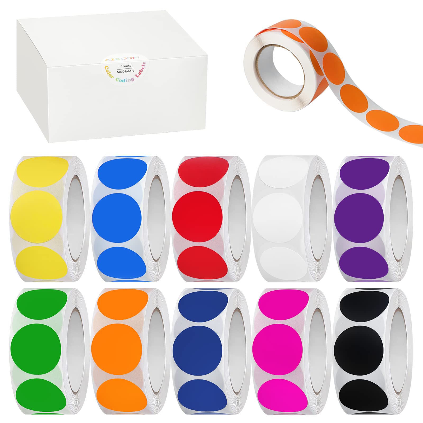 5000 PCS 1" Round Color Coding Labels Circle Dot Stickers, 10 Assorted Colors for Home Office Classroom