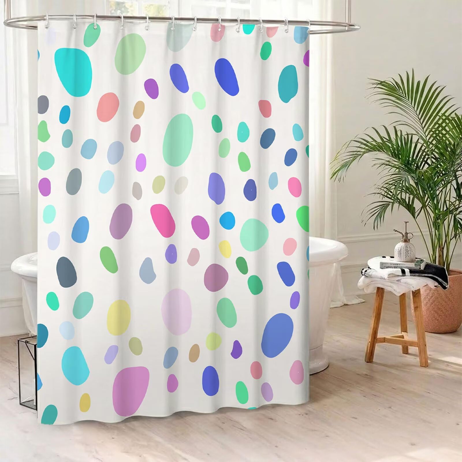 Rideau de Douche 180x220 cm - Tissu Polyester Imperméable Anti-Moisissure - 12 Anneaux Inclus - Ourlet Lesté pour Stabilité - Lavable en Machine - Idéal de Baignoire et Douche - Coloré & Pois Y1#509