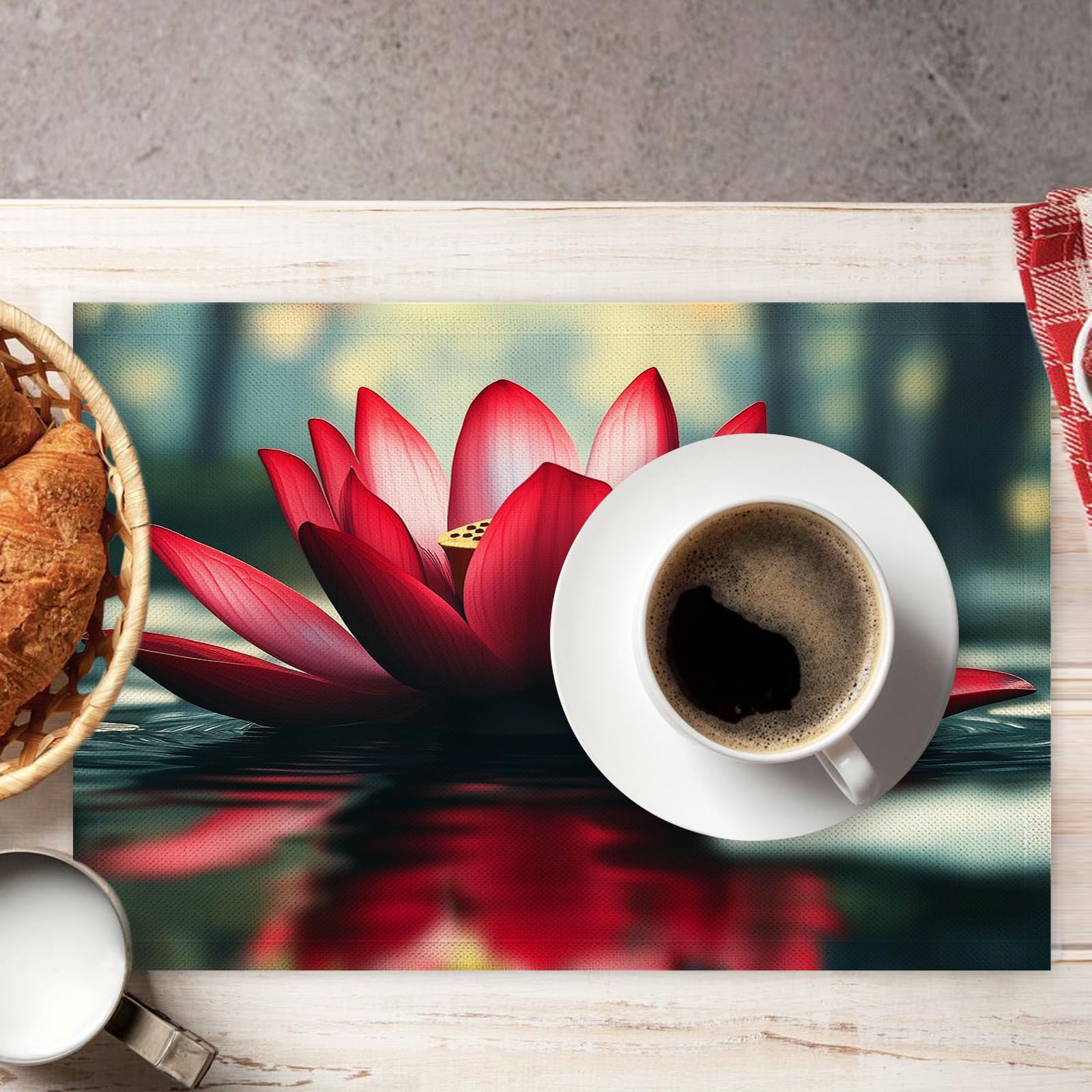 Set di 8 Tovagliette Americane Lavabili Cotone Lino Paesaggio - Tovaglietta Americana Resistenti al Calore Durevole Loto rosso - per Colazione Pranzo 30×45 cm