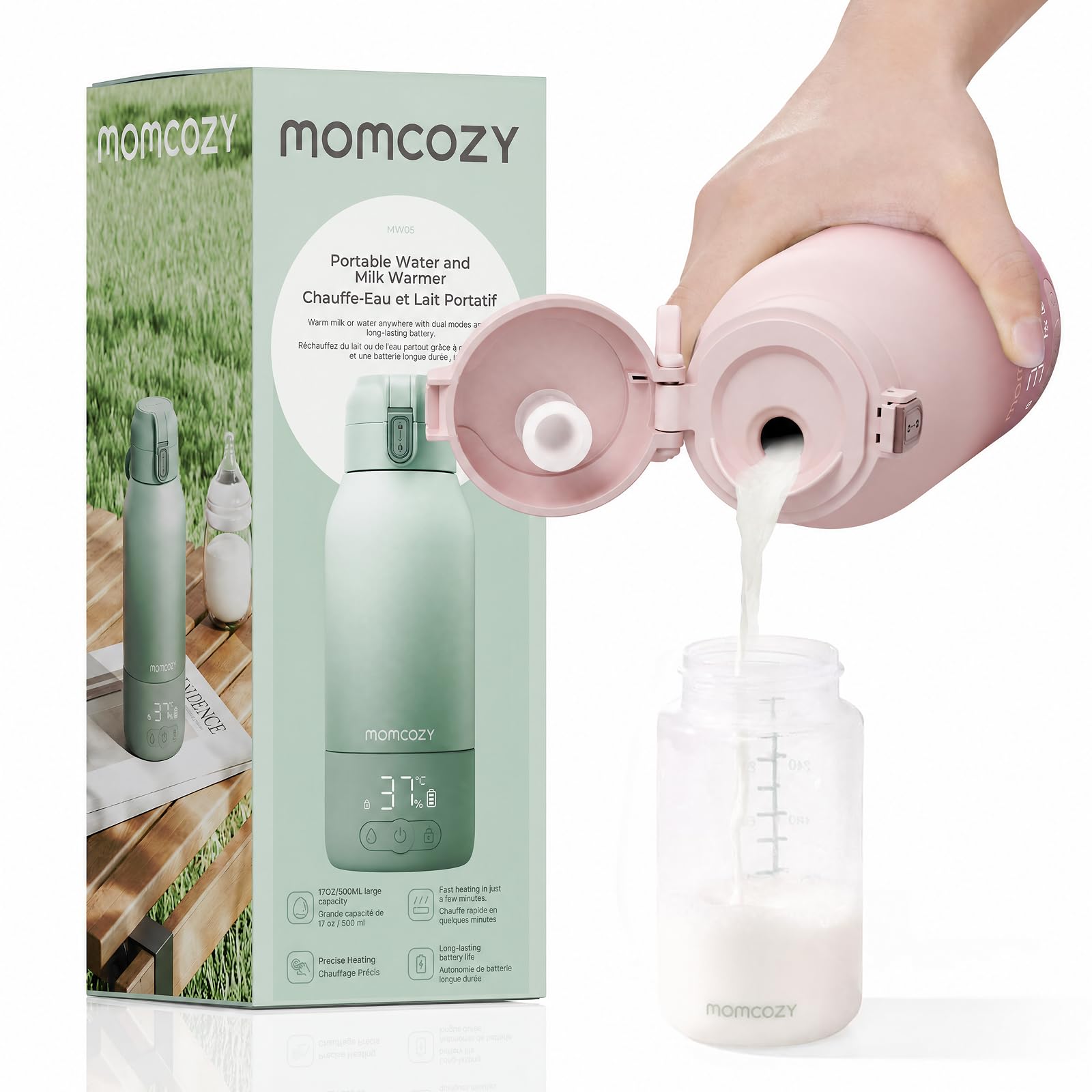 Momcozy MW05 Tragbarer Flaschenwärmer Baby für unterwegs, 500ml Kapazität + 24x Nutzung/Akku | TÜV-CE zertifizierter Flaschenwärmer | Schnellaufheizen in 3 Min. (BPA-frei, Inkl. USB-C Kabel), Rosa