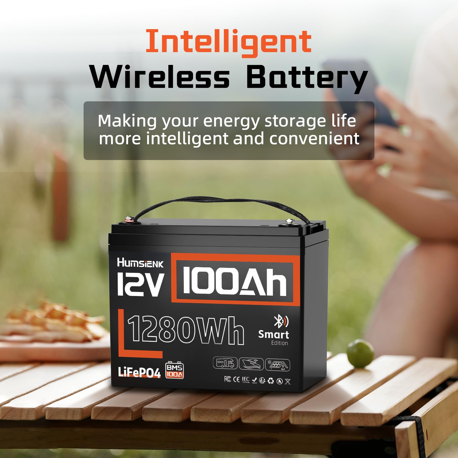 Batteria al Litio 12V 100Ah con Bluetooth HumsiENK LiFePO4 2-Pack | BMS 100A, 15000 Cicli, Group 24, IP67 per Camper, Barca e Solare