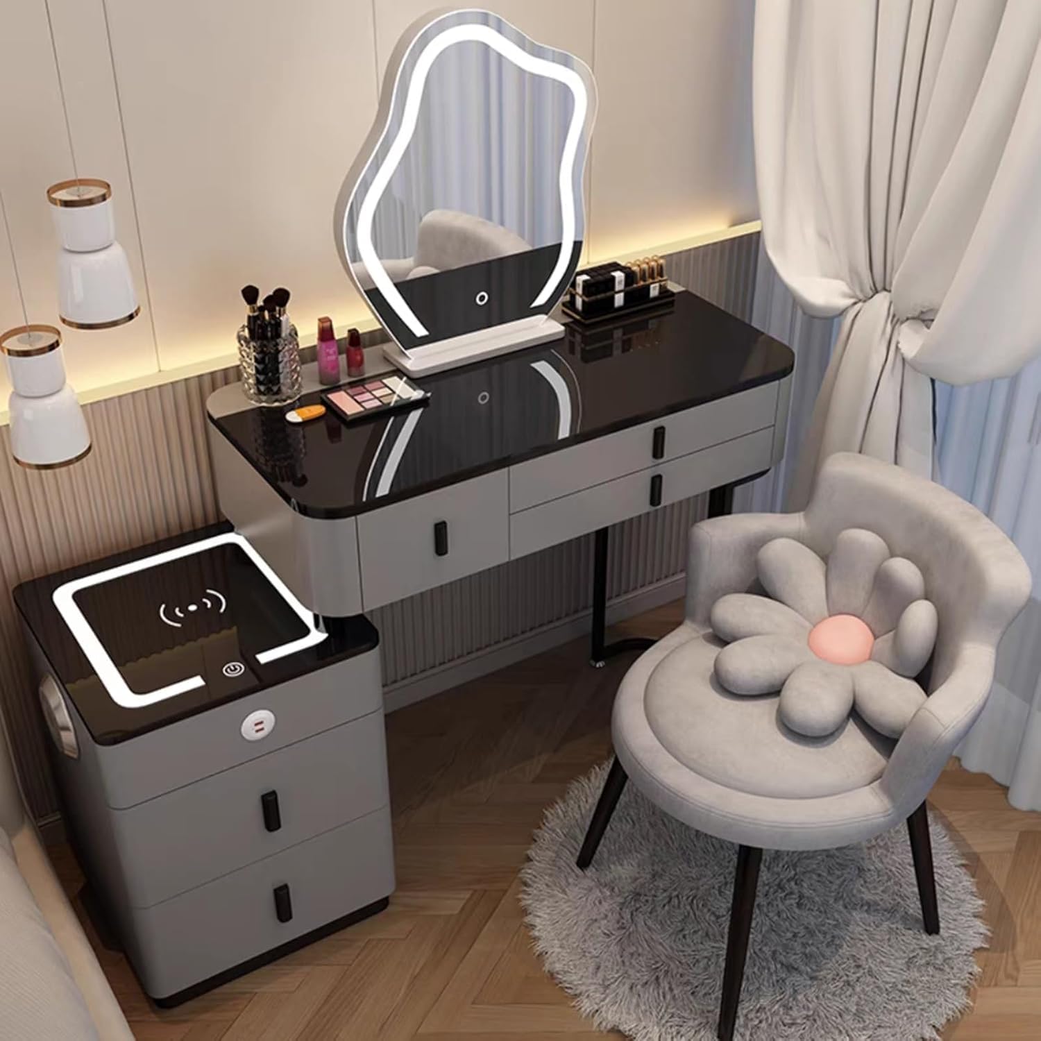 Toaletka 3 w 1 ze składanym stołkiem, oświetlenie LED, zintegrowane lusterko do makijażu, zestaw biurkowy, wyściełane siedzisko, 2 szuflady i miejsce do przechowywania, niezbędne akcesoria kosmetyczne