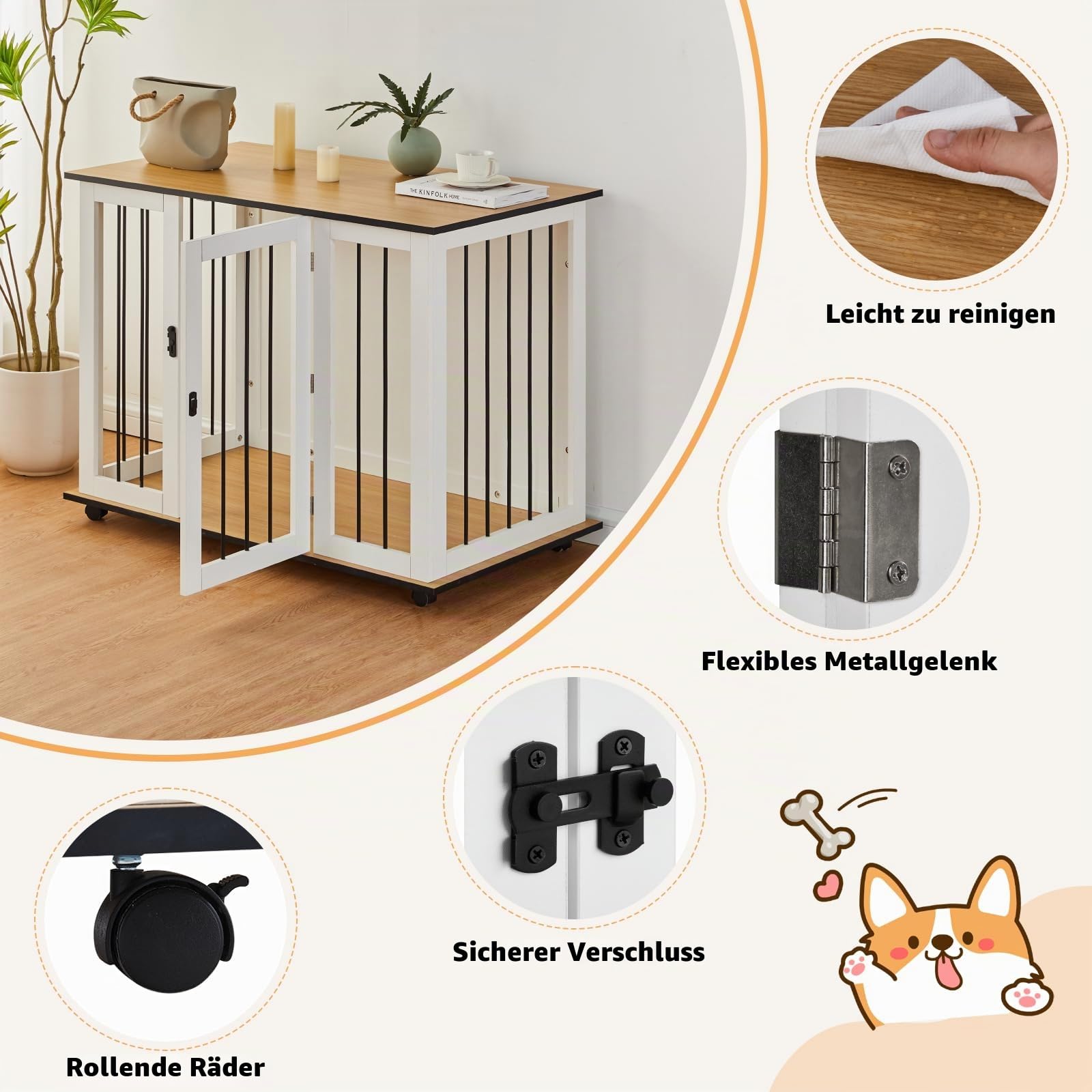 TUKAILAI Hundekäfig Möbel, 106 cm Hundebox Holz mit Raden, Abschließbar Tür, Metall, Moderne Hundehütte Indoor für kleine/mittlere/große Hunde, Hundekäfig für Zuhause 106x60x82 cm, Weiß