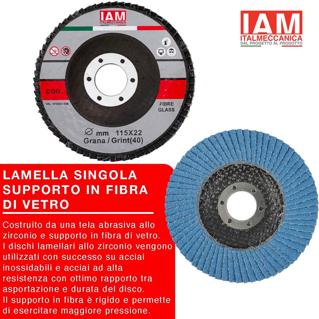 IAM Disco Lamellare Zirconio per Smerigliatrice 115 x 22 mm | Flap Disc Professionale Lamella Singola con Supporto in Fibra di Vetro | Disco Abrasivo per Acciaio Inox e Metallo | Grana 40 | 100 Pezzi