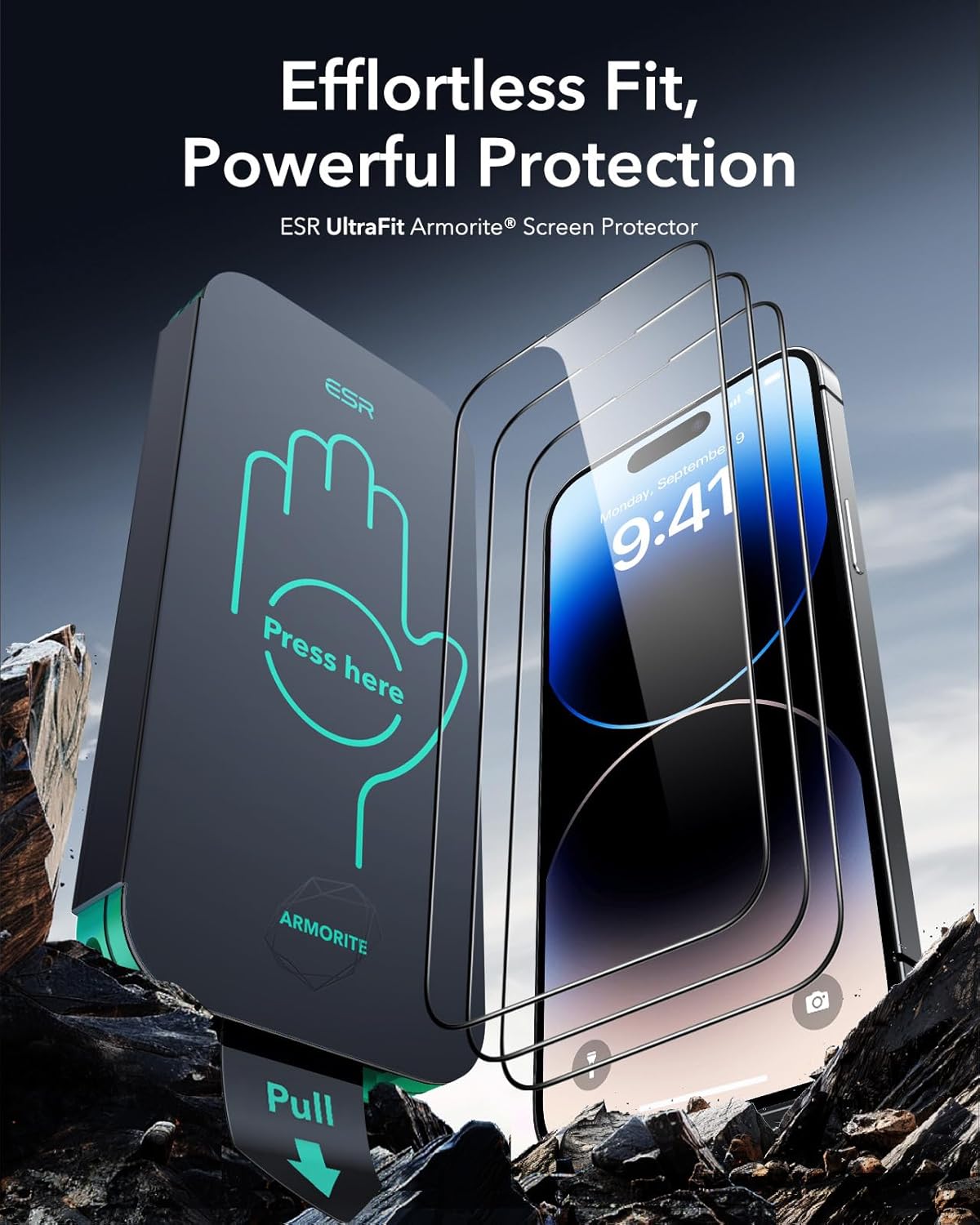 esr 3 pack 9h+ glass for iphone 14 pro max screen protector, [military grade shatterproof & longest durable] armorite ultra-tough full coverage tempered glass with ultrafit tray iphone 14 pro max 3 pack