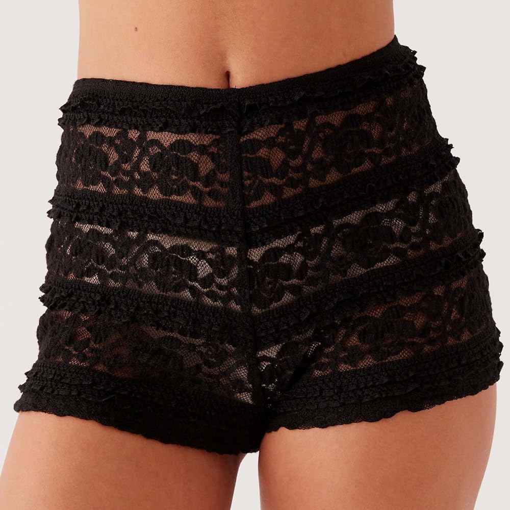 Women Y2K Lace Shorts High Waist Ruffle Trim See Through