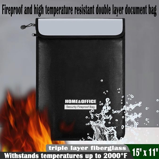 Fireproof & Waterproof Document Bag, 15x11, Silicone-Coated Fiberglass, Black