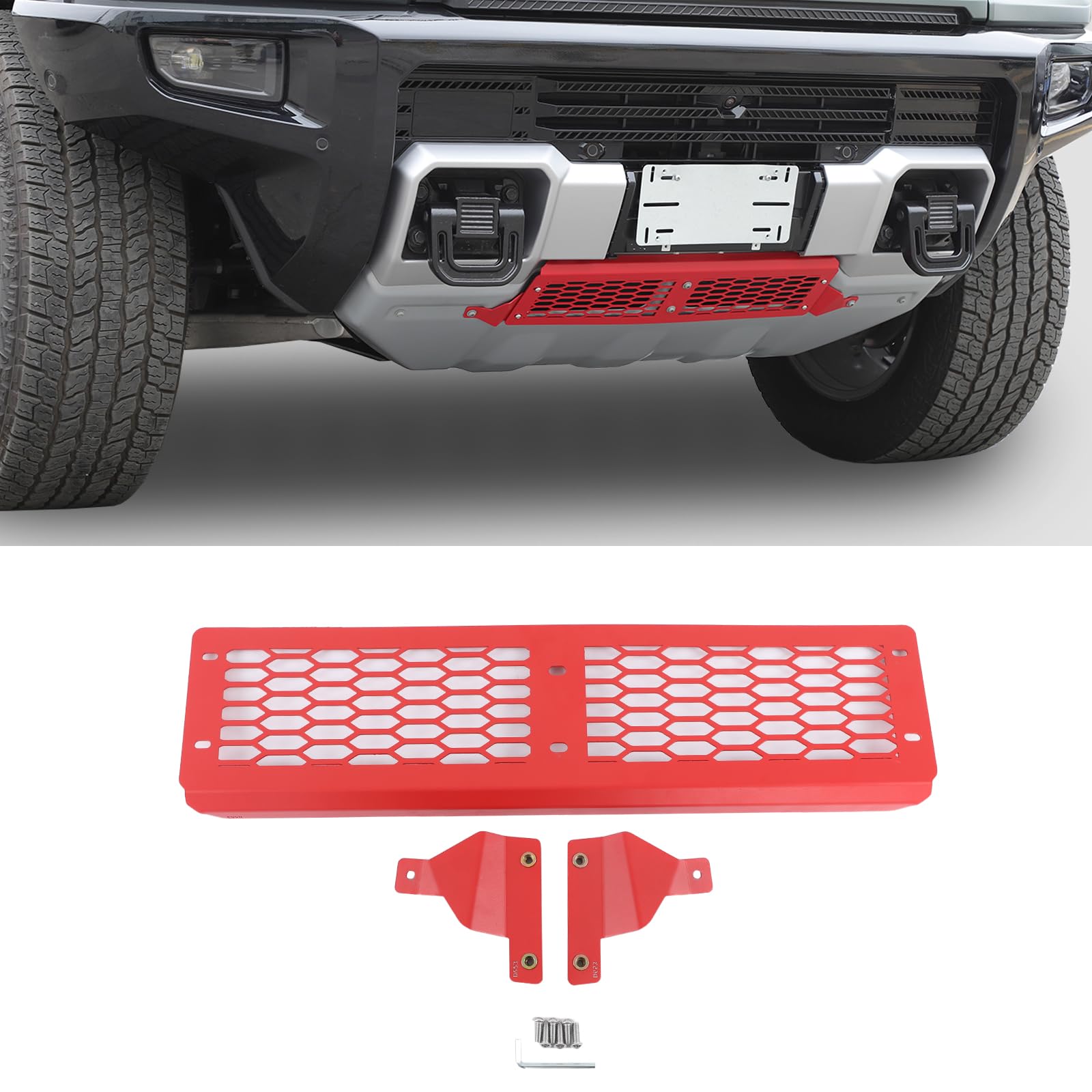 Front Bumper Grille for Hummer EV SUV/SUT Accessories Red Carbon Steel Front Bumper Cover Lower Guards Trim Panel Grill Air Intake Protector Accessories 1 Piece Mesh Style Lower Grille Trim