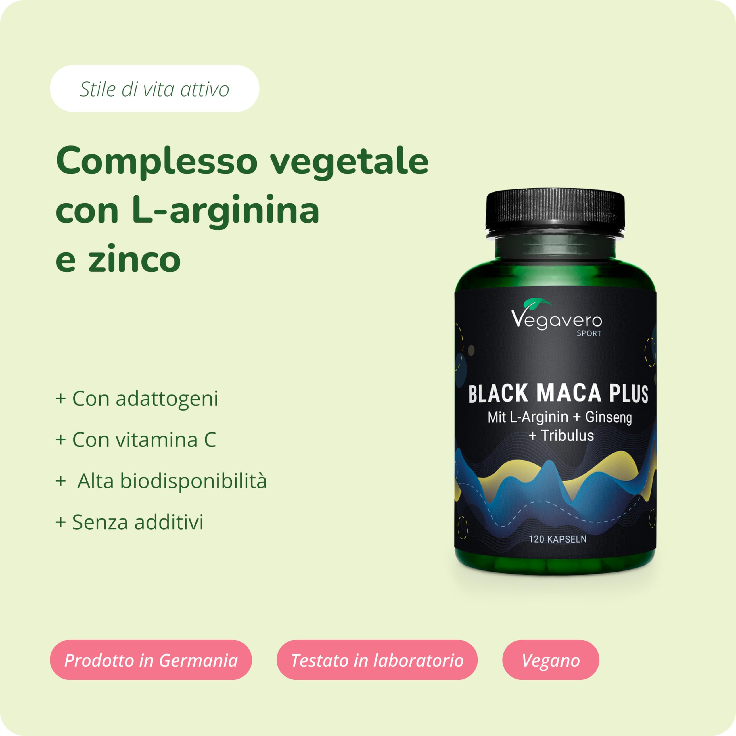 Maca Nera Complex | con L-arginina + Ginseng + Tribulus + Zinco | Integratori Sport Pre-workout | 120 capsule | Vegan | Senza Additivi | Vegavero