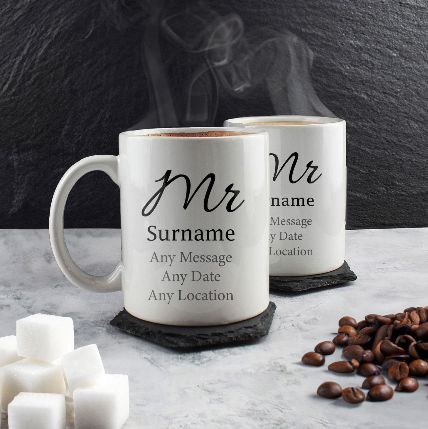 Juego de tazas personalizables con texto en inglés "Mr and Sr", para boda gay con cualquier mensaje y apellido, regalo de aniversario, diseño de fuente elegante, caja de regalo, tazas de 312 ml