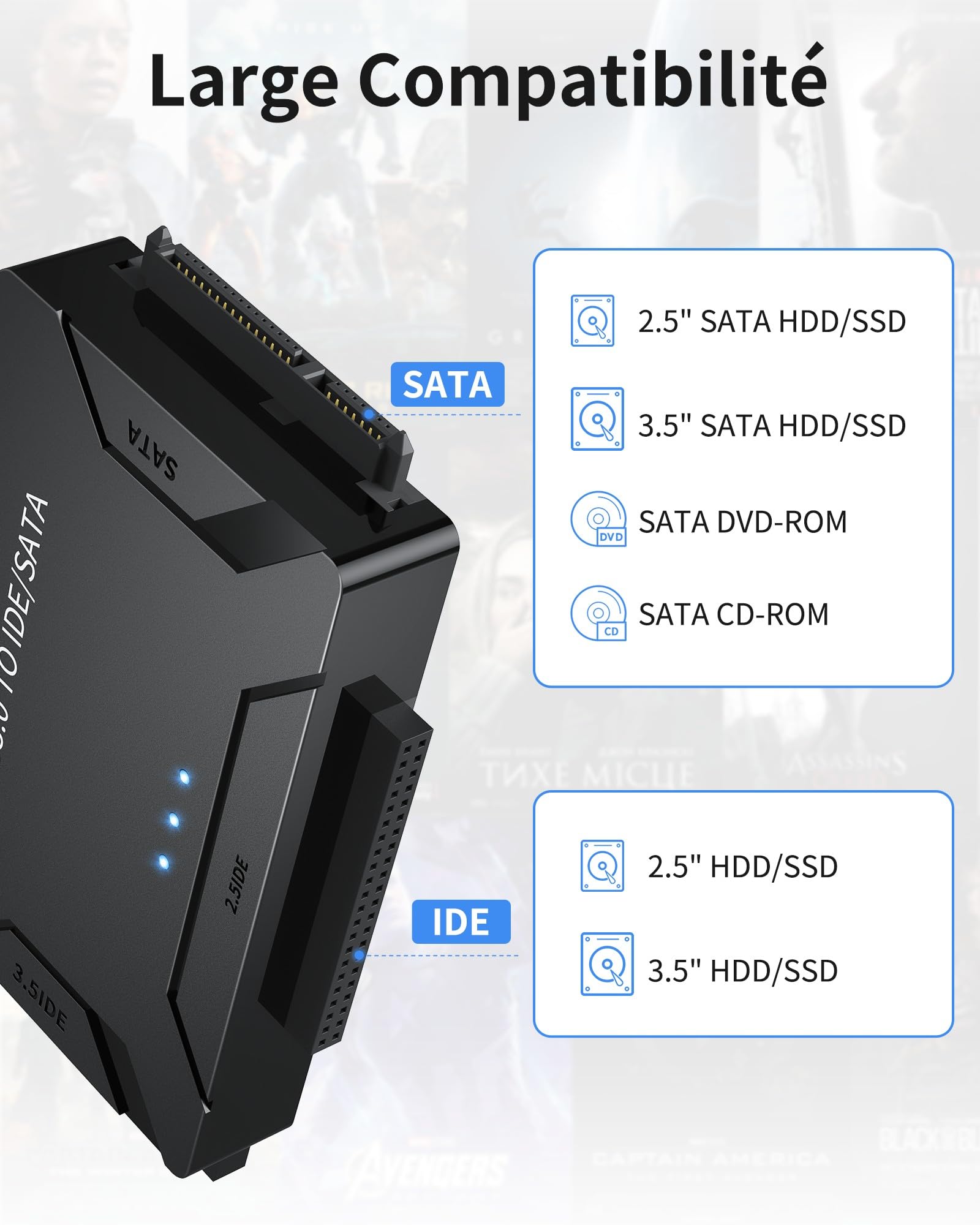 Posugear Adaptateur USB 3.0 vers IDE et SATA pour disques durs 2.5 et 3.5, convertisseur SATA IDE pour Windows XP, Vista 7 et 8
