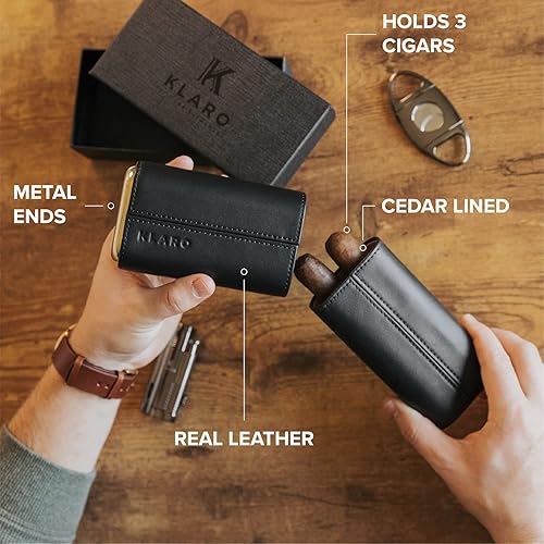 Miniatura 6 de CASE ELEGANCE Funda protectora de viaje premium de 3 puros, cuero negro auténtico de grano superior, forrado de cedro con tapas de metal dorado,