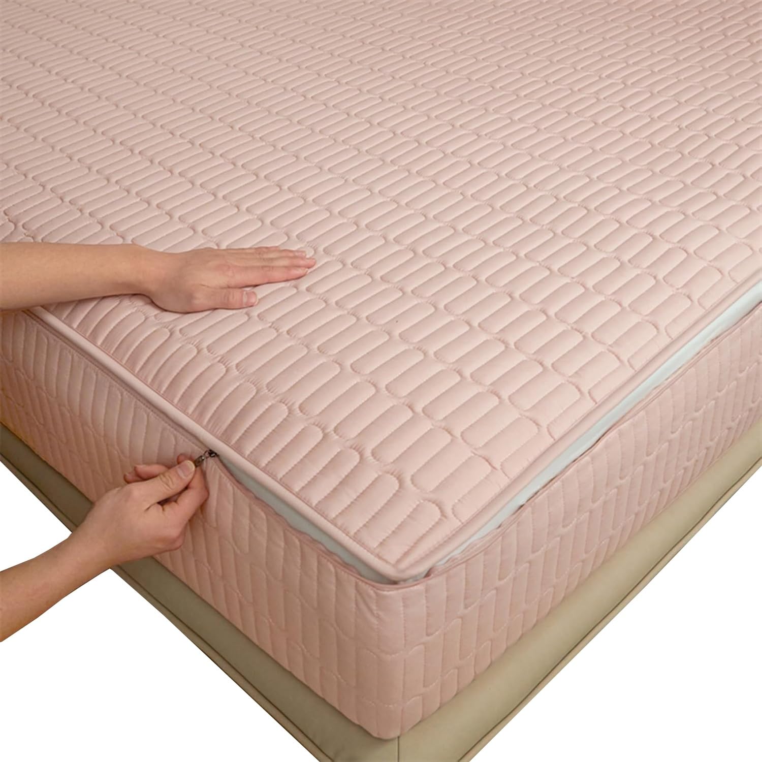 Fully Encased Zipped Mattress Protector Cover Double/Single/King size, Dust-proof Mattress Cover, Soft Washable Breathable Customizable Quilted Fitted Sheet(Pink,140x190+35cm)