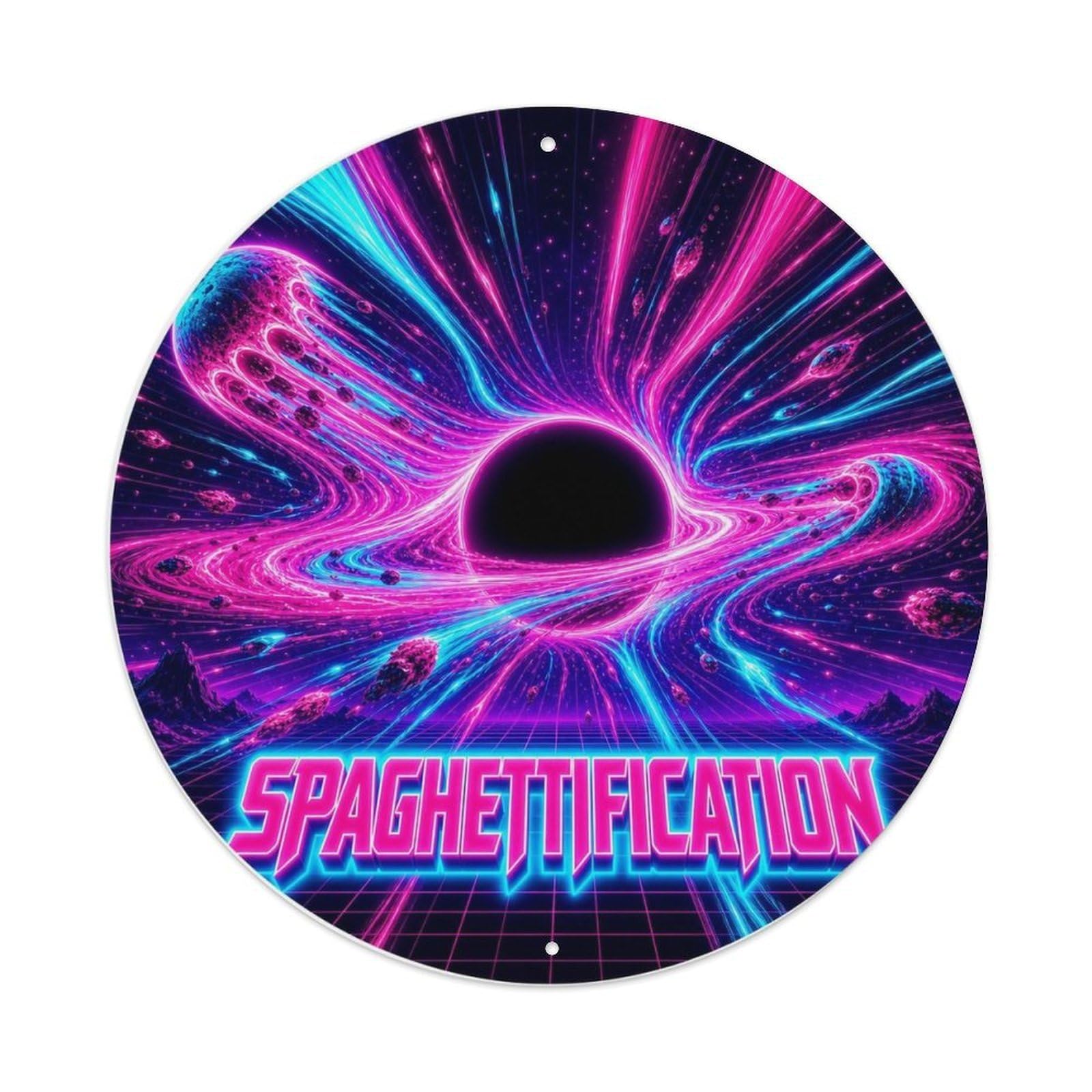 Black Hole Spaghettification Deep Space Cosmic Physics Metal Tin Sign Plaque Wall Decor for Cafe, Man Cave, Club Bar, Office, Home Garden Round Metal Poster 8x8Inch