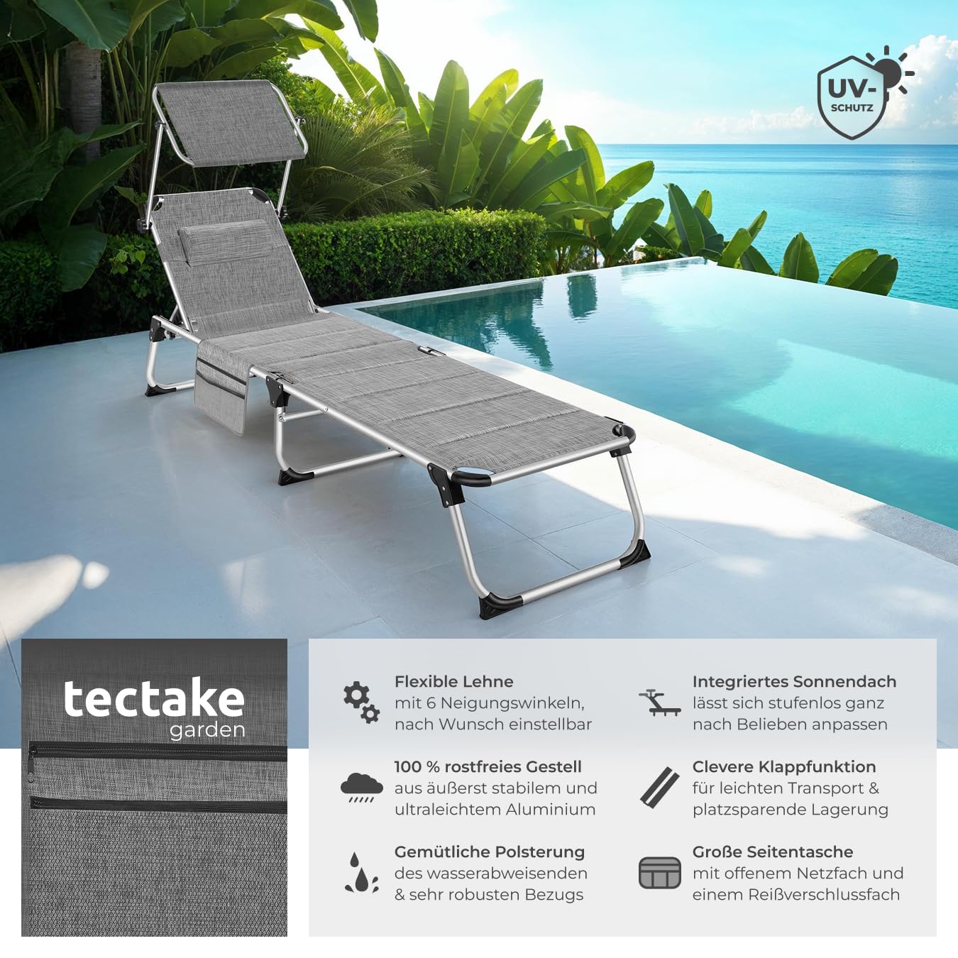 tectake® Sonnenliege mit Dach, Liege klappbar mit Kopfkissen + Seitentasche, zusammenklappbar, leicht tragbar, Aluminium Strandliege, Liegestuhl klappbar für Garten, Sonnenliege Camping - grau-meliert