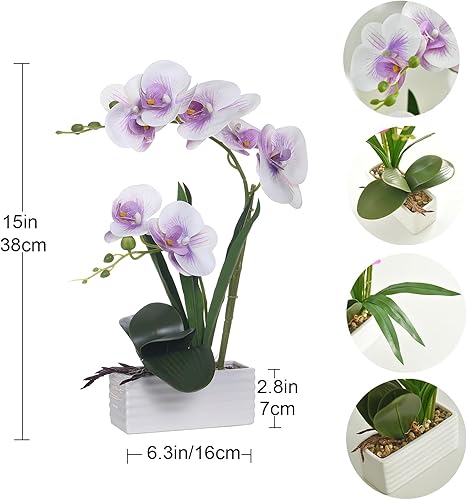 Vista 65 de Flores artificiales de orquídea de tacto real en maceta, flor falsa de Phalaenopsis con jarrón de cerámica blanca, arreglo de orquídeas sintéticas