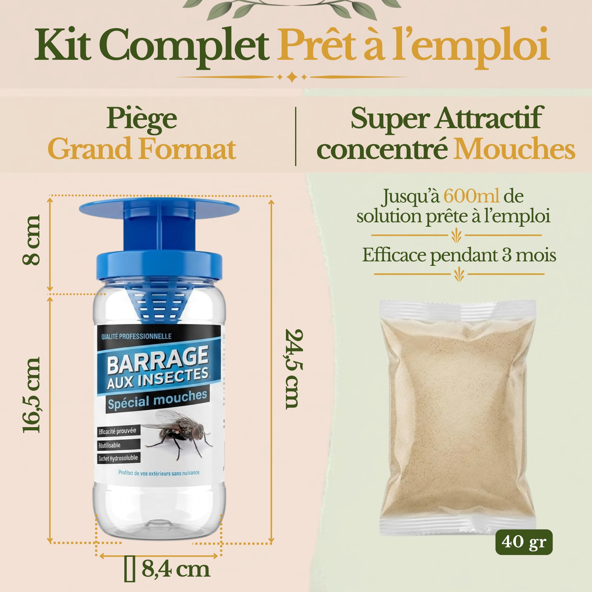 Piège à Mouche Extérieur avec Super Attractif - Appât de Qualité Professionnelle - Bouteille Piège Anti Mouche avec Entonnoir Réutilisable - Pour Jardin et Terrasse