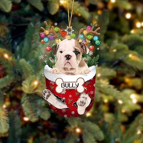 Adorno de bulldog inglés antiguo V2, adorno de Navidad personalizado para perro, adorno de bolsillo de nieve para perro para árbol de Navidad,