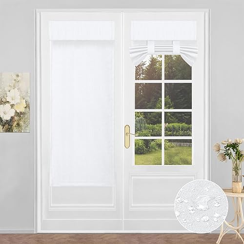 PureFit 100% Blackout French Door Curtains Blinds for Door Window Shade Patio Door Curtain Covering for Privacy Tie Up Insulated Linen Front Door Cover Drapes, W26 x L68 Inch, 1 Panel, White