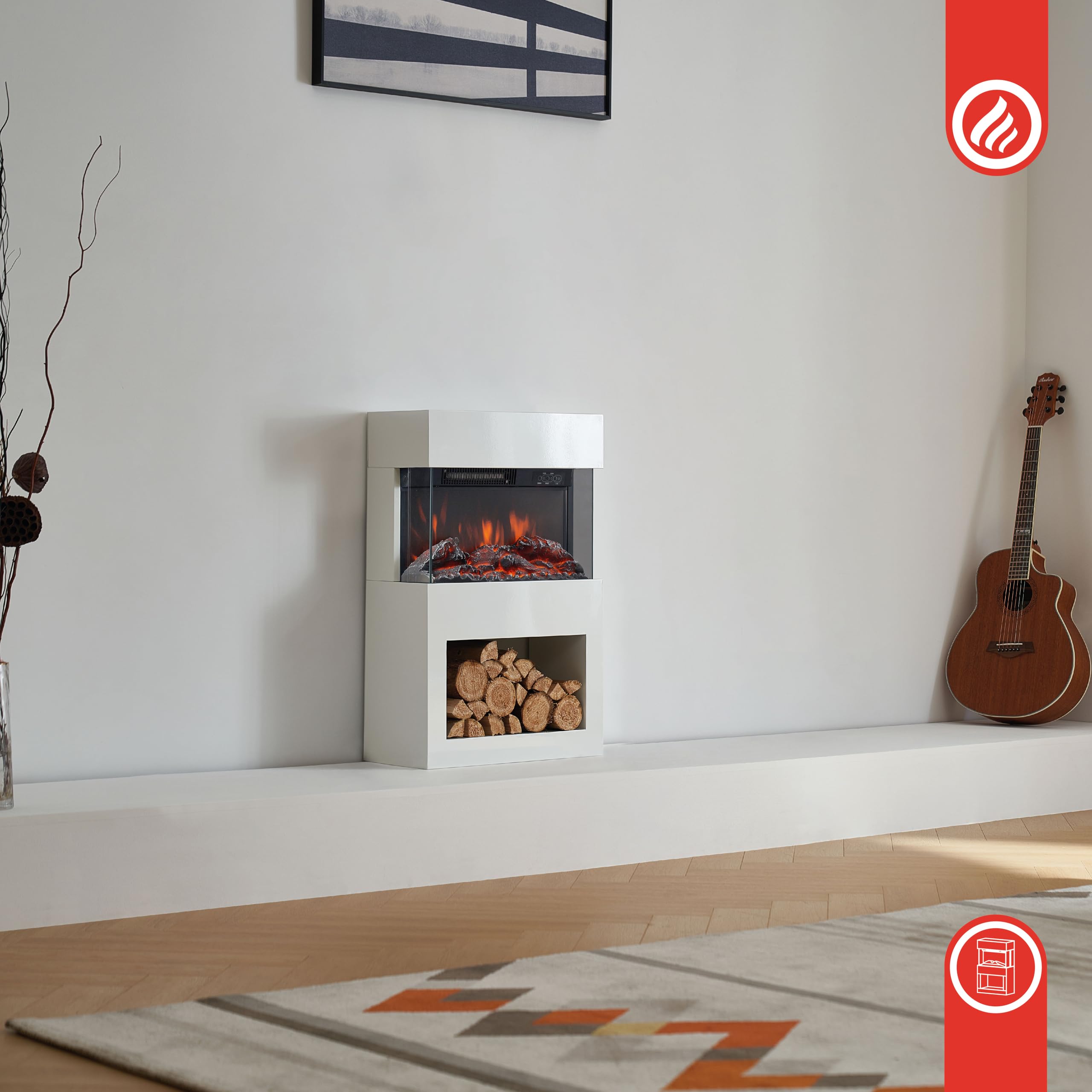 KAMINIO Camino elettrico HENRI - Stufa elettrica con riscaldamento, effetto fiamma 3D, vano portalegna, luce ambiente a LED, telecomando (Bianco)