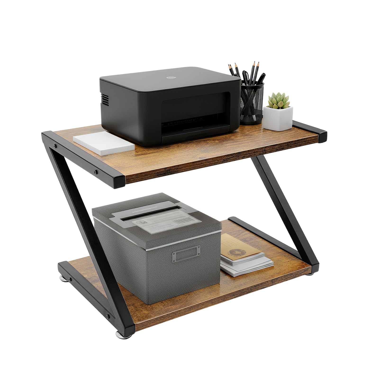 Supporto per stampante, scaffale per ufficio, 2 livelli da tavolo | Acciaio MDF Forma Z Moderna, Carico 10kg, Organizzatore Casa Telelavoro, Montaggio facile Nero, 44x28x29cm