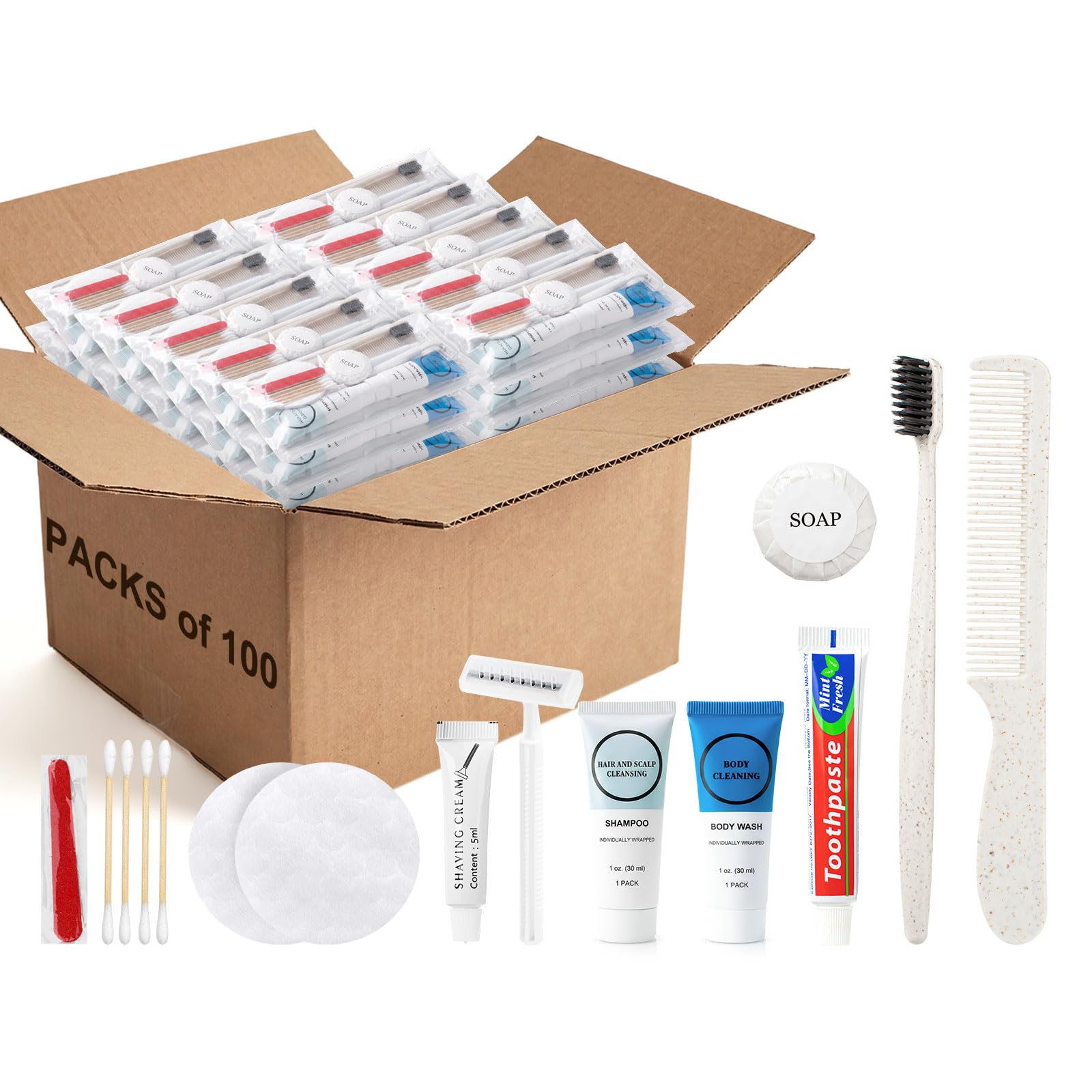 100 Kits Travel Toiletry Kit Bulk, 9-in-1 Disposable Personal Hygiene Kit