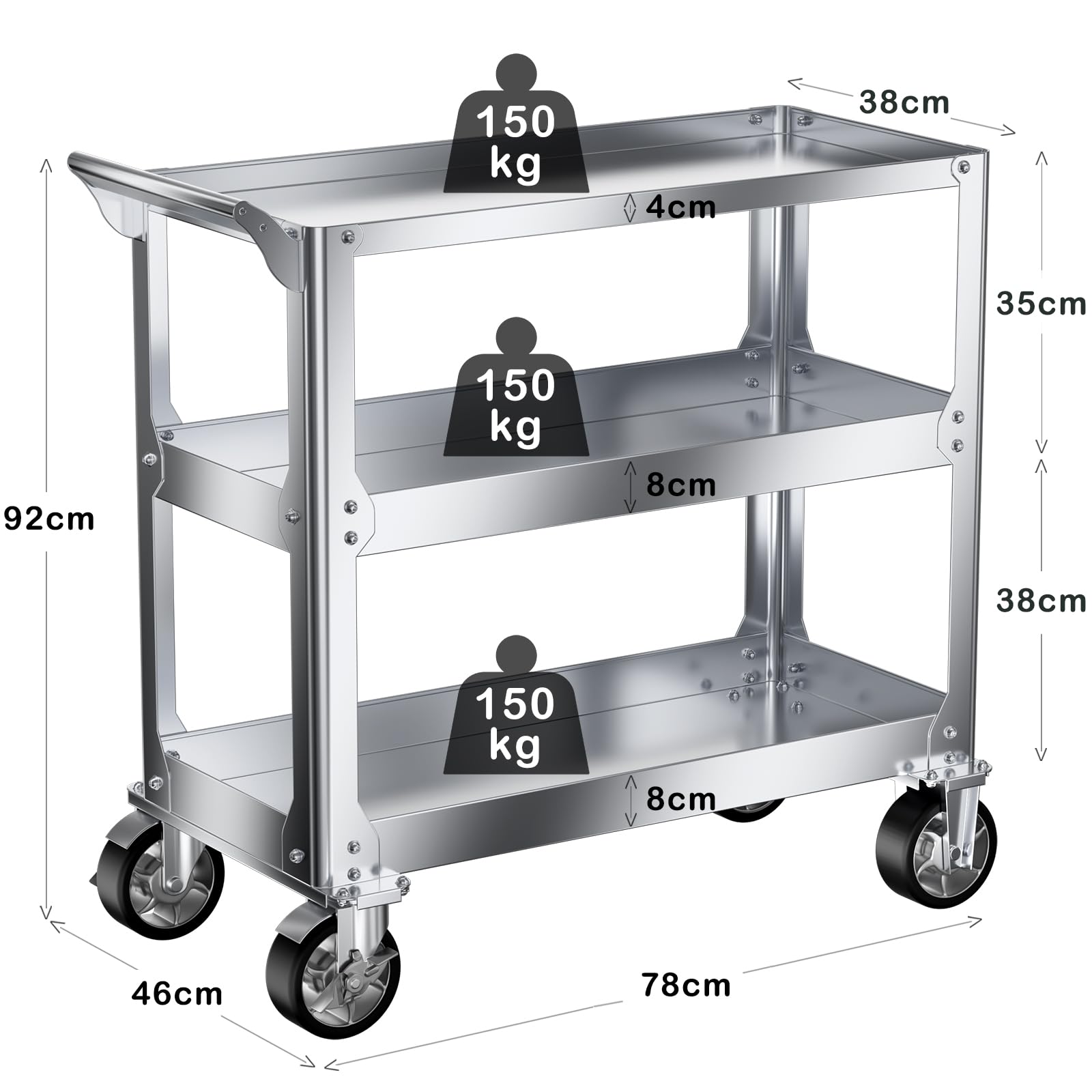 Carro de Taller de Acero Inoxidable, 3 Niveles Carro de Trabajo con Ruedas y 500 kg de Capacidad de Carga, Carro de Taller Profesional, Carro de Servicio para Garaje, Taller, Cocina, 78 x 46 x 92 cm