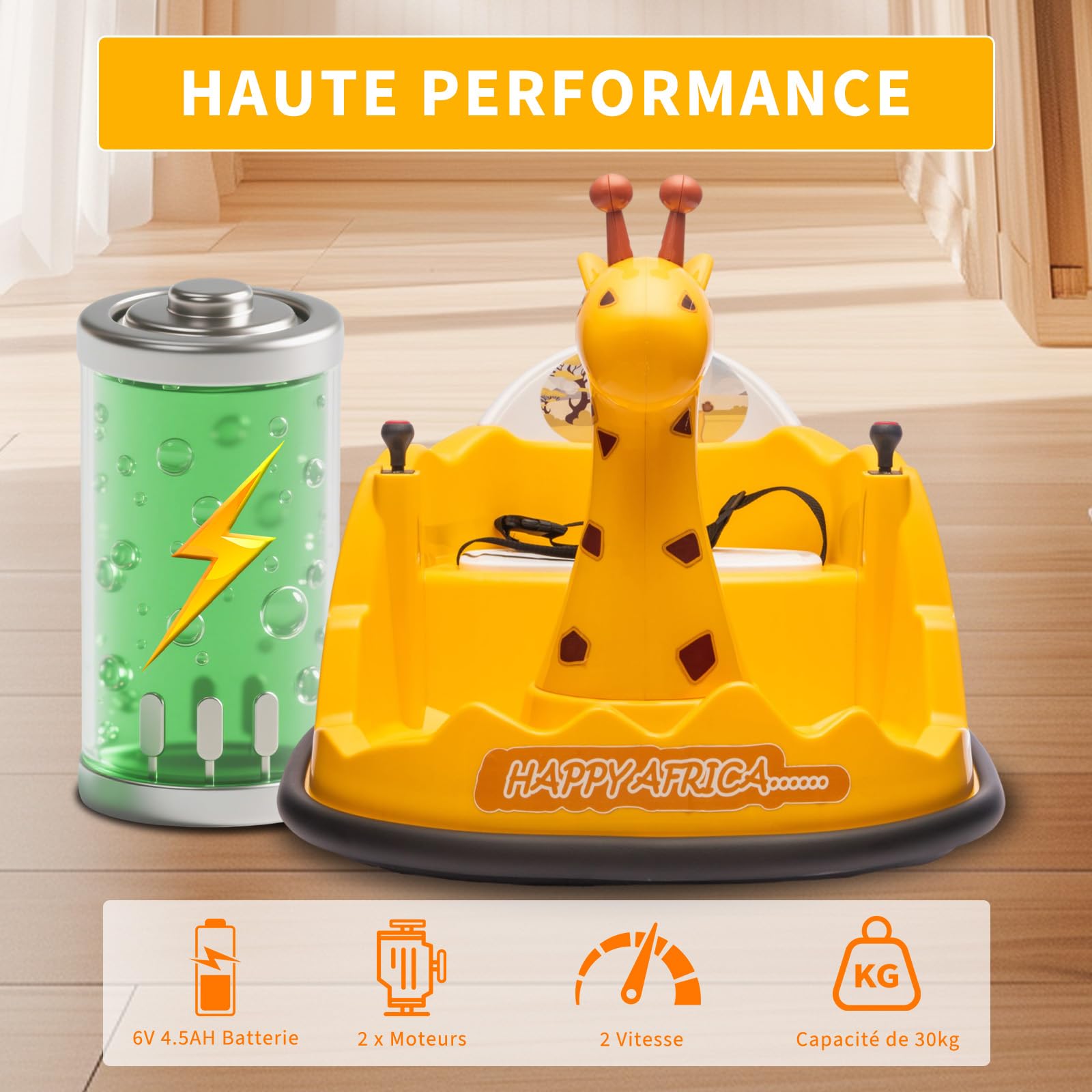 Garvee Autoscontro Elettrico per Bambini 6V Doppio Motore Design a Giraffa | Macchina Elettrica con Telecomando, Luci LED, Musica, Cintura di Sicurezza, Caricao 20 kg, per Bambini 2-5 Anni, Giallo