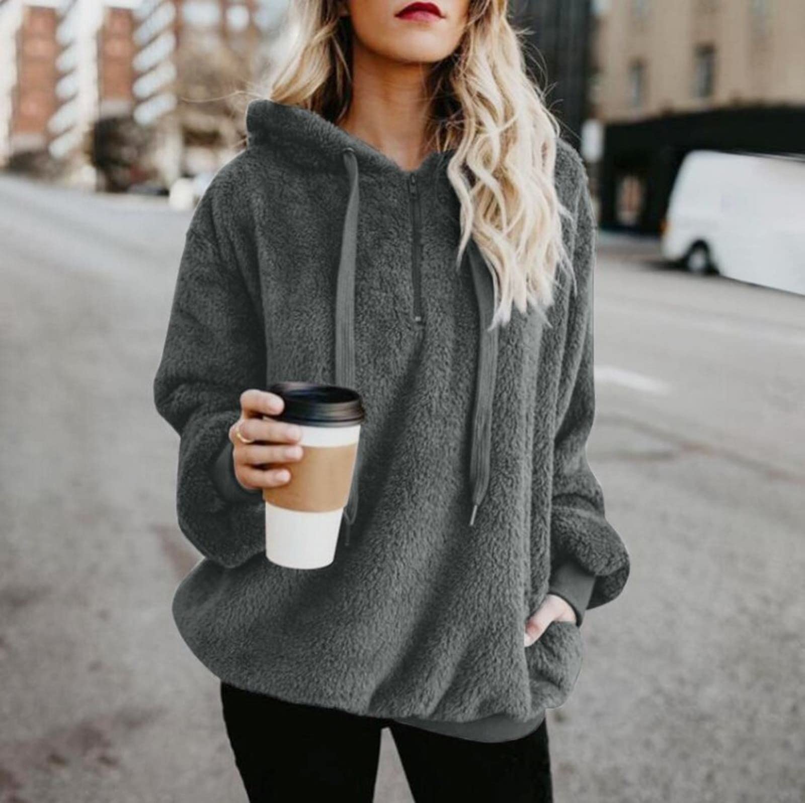 Jsaierl Women Casual Double Fuzzy Sweatshirt Faux Fleece Zip Drawstring Pullover Hoodies Coat Outwear