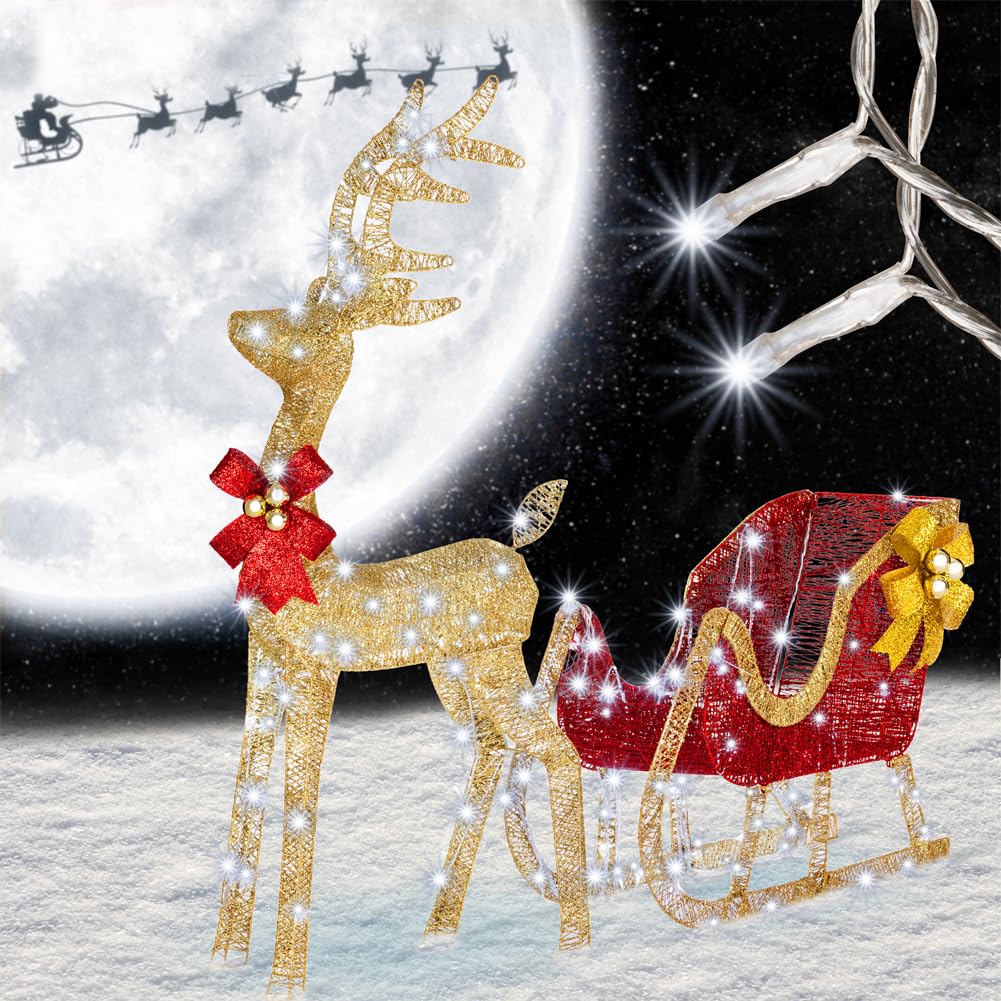 BAKAJI Renna Natalizia Luminosa XXL con Slitta per Esterno con 8 Funzioni di Luce, Decorazione Natalizia 120 cm Altezza, Decorazioni Addobbi LED di Natale per Giardino (Bianco Freddo)
