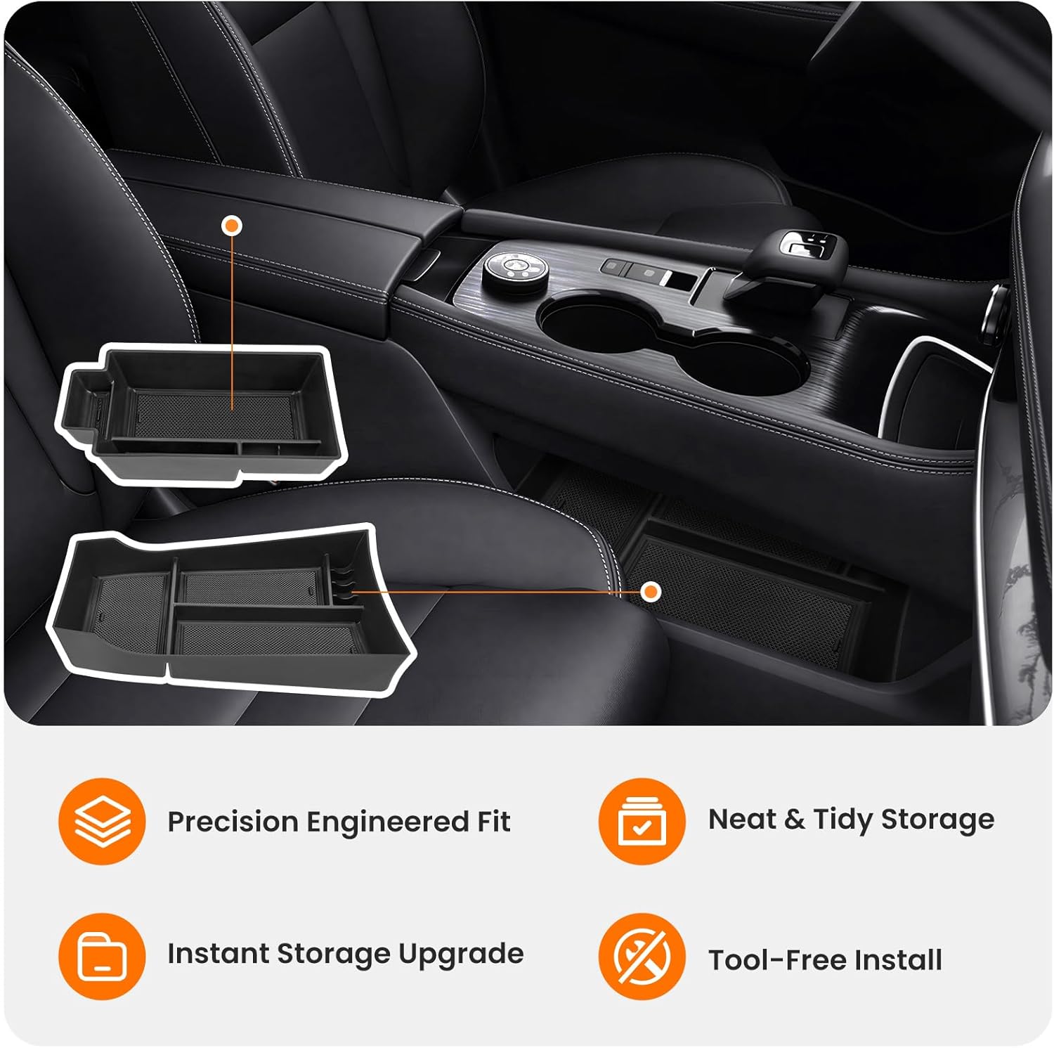 2Pcs Center Console Organizer compatible with Nissan Rogue 2021-2026, Armrest Insert Secondary Tray Lower Console Storage Box, Rogue Interior Accessories, Black ABS Plastic