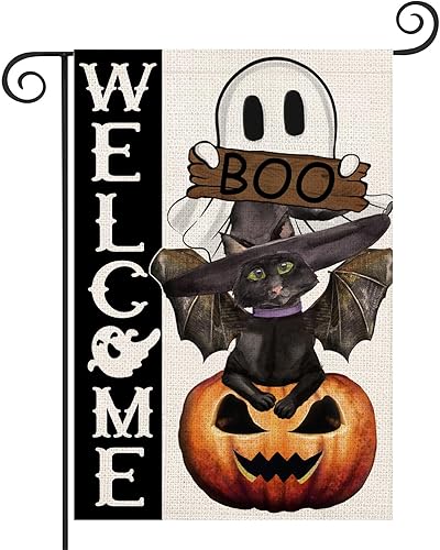 Banderas de bienvenida de Halloween, banderas de fantasmas con cara de gato negro y calabaza de doble cara de 12 x 20 pulgadas, banderas verticales