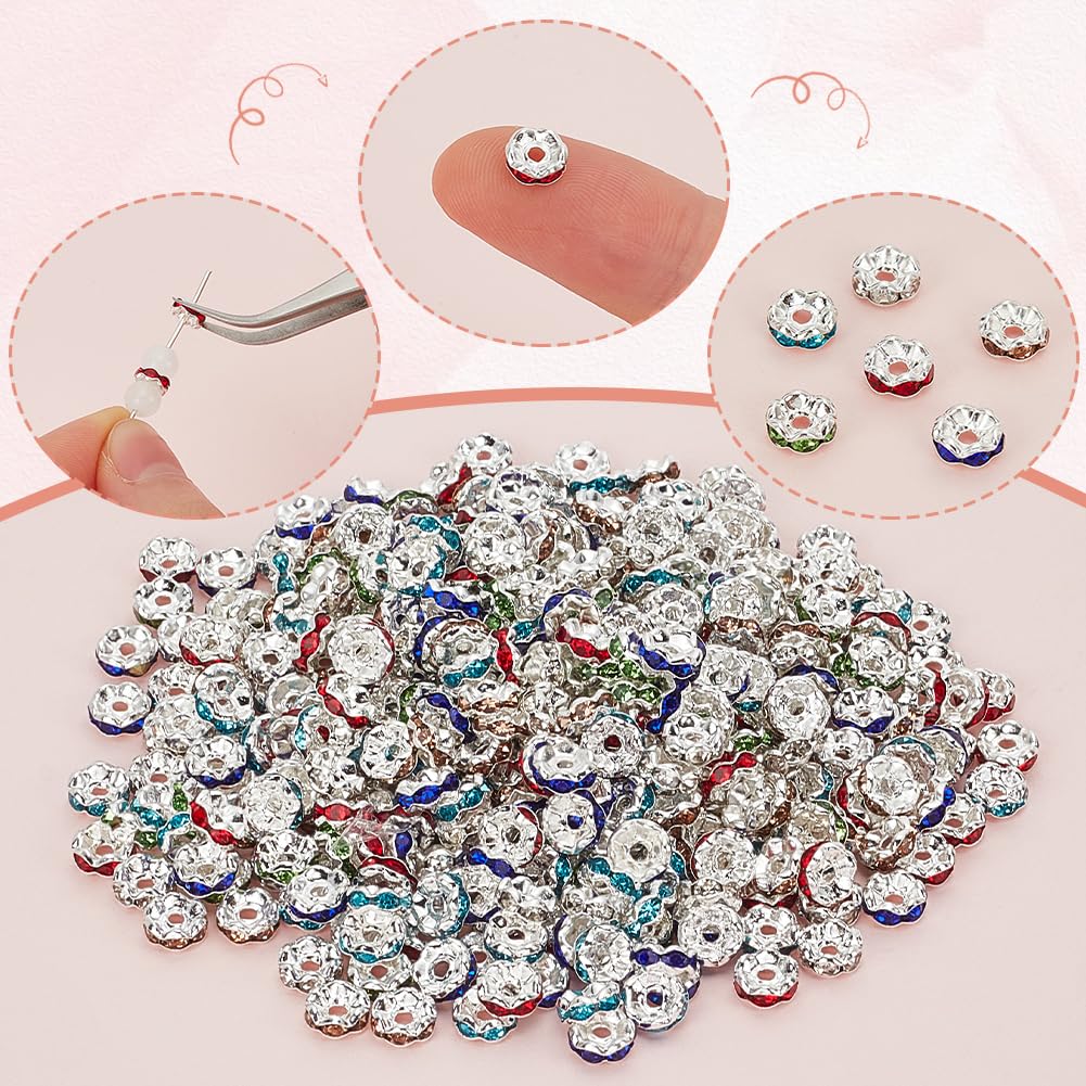 1 Box 400 Stück zufällige Farbe 6 mm Strass-Abstandshalter Perlen Kristall Rondelle Perlen Messing Acryl Wellenkante lose Wellenperlen für Schmuckherstellung Zubehör DIY Halsketten Armbänder