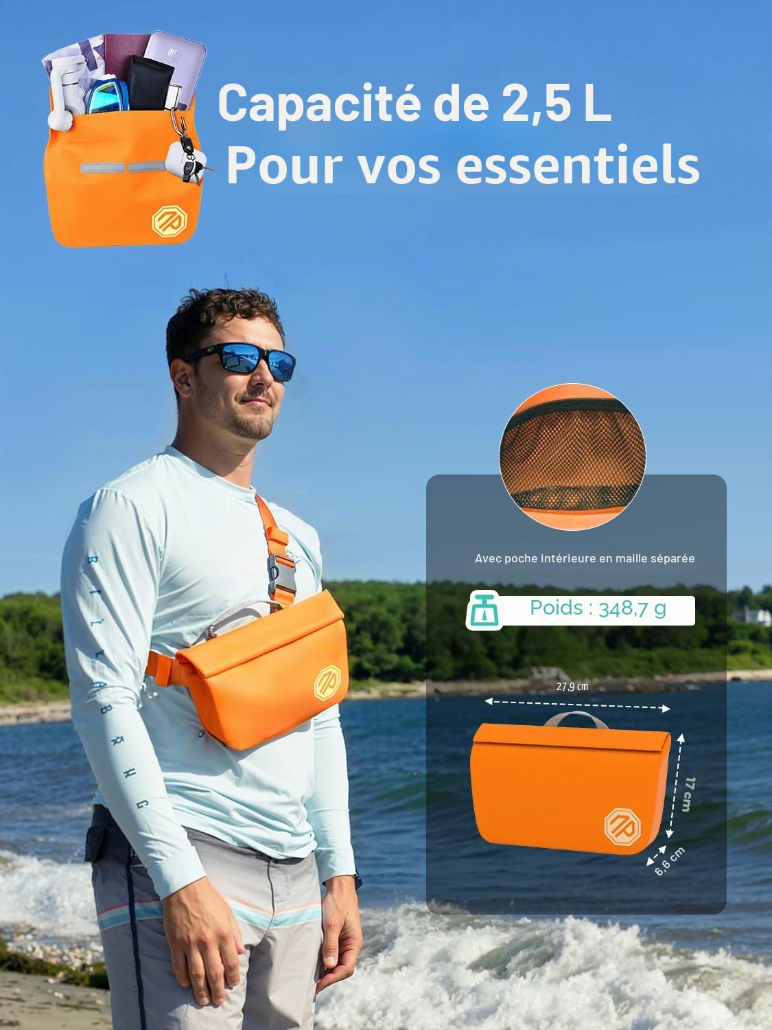 niphean Sac Etanche IPX7 avec Fermeture Magnétique à Une Main, Pochette Etanche pour Kayak, Paddle, Plage, Natation, Banane Multi-Positions, Sac Étanche pour Hommes et Femmes Activités Outdoor | Sac banane imperméable en TPU 7,5 L léger pour planche à pag