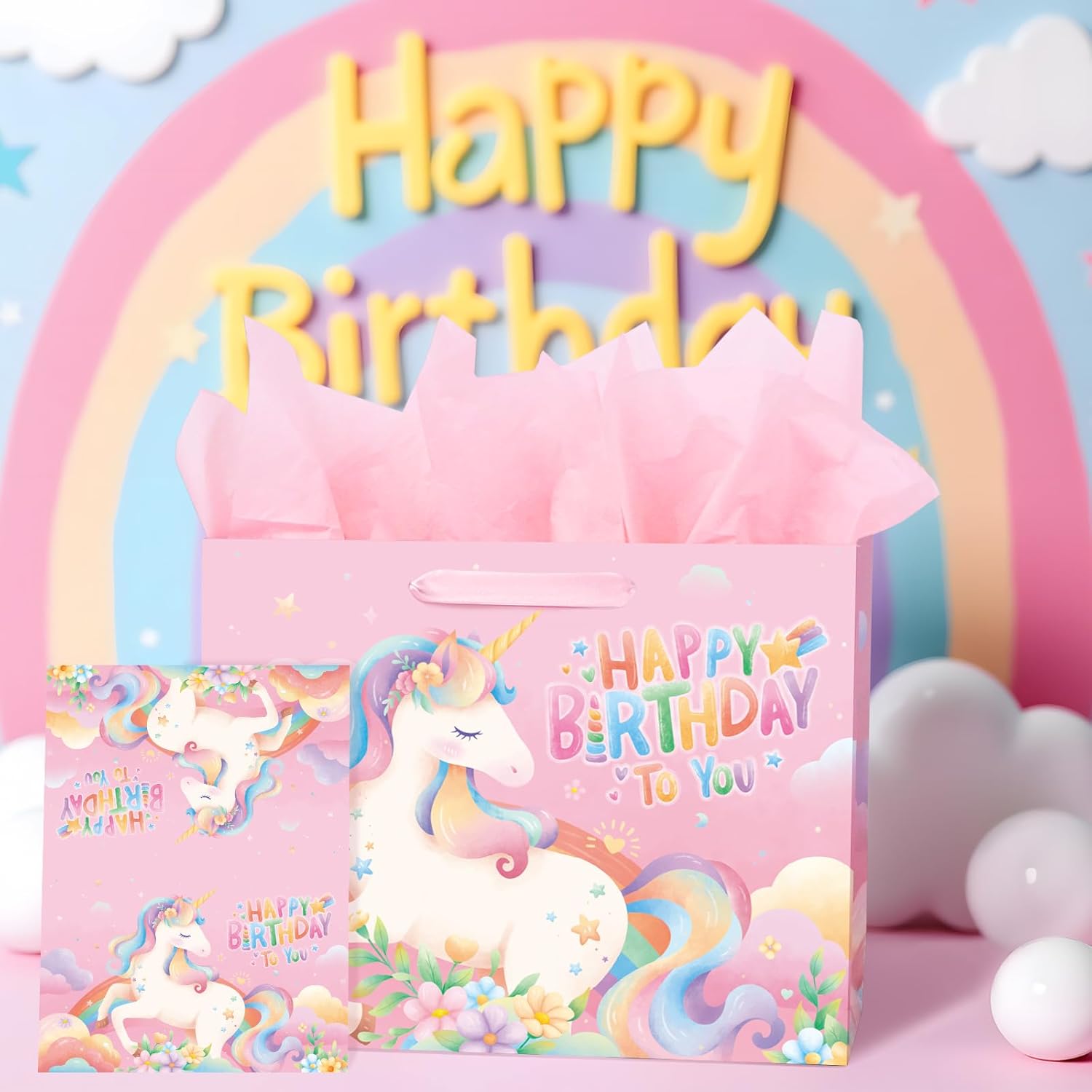 Unicorn Gift Bag for Girls, Unicorn Birthday Decoration Set with 13" Large Bag, Card, and Tissue Paper for Kids' Birthday Celebrations(Pink) - Image 7