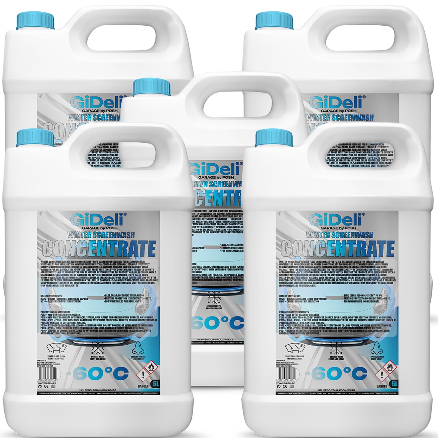 GiDeli Scheibenfrostschutz Konzentrat 5 x 5L – frostschutzmittel -60 °C - wischwasser für frostschutz - Winter Scheibenreiniger