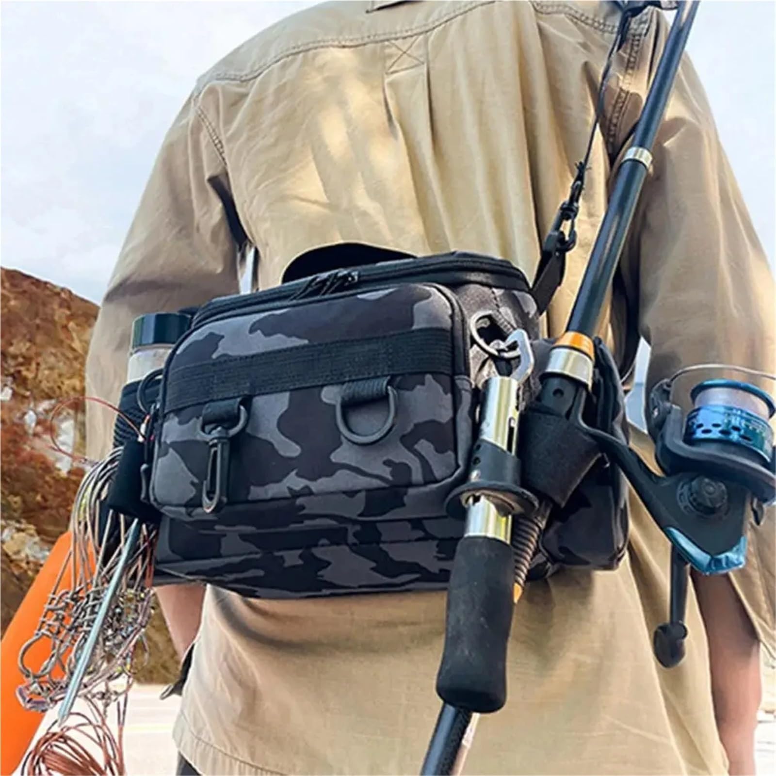 Borsa per Canna da Pesca Attrezzatura da pesca, borsa a tracolla, portaoggetti, portacanna portatile, sportiva for esterni, a volo(B - Dark Night)