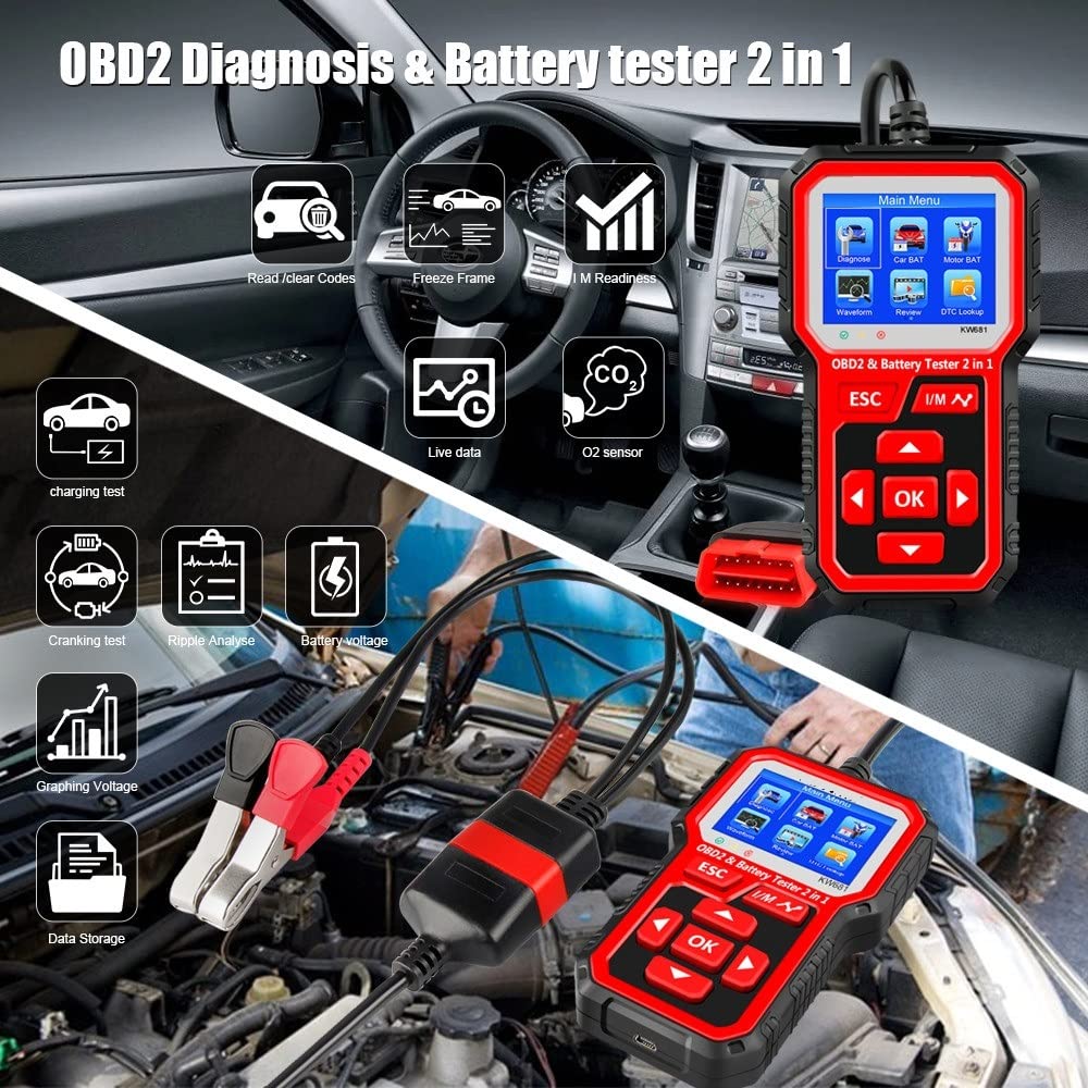 Comprobador de baterias de coche Kw681 Probador de batería de coche 6V-12V Analizador de batería for automóvil Herramienta de diagnóstico automático 2 IN1 2000 Cca Probador de carga de la batería OBD2