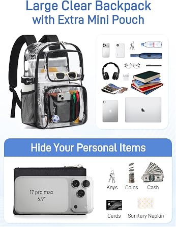 Clear Backpack Heavy Duty, Large Clear Bookbag Transparent See Through Backpack for School College Sport Security